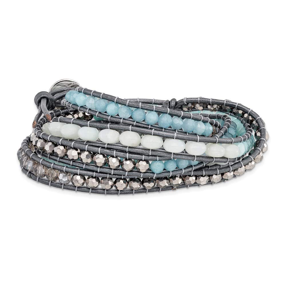 Aquamarine Blue Quartz Crystal Leather Multi-Wrap Bracelet for Women - Elegant Fine Jewelry Gift for Her, 34 Inch - Perfect for Weddings, Parties & Everyday Wear