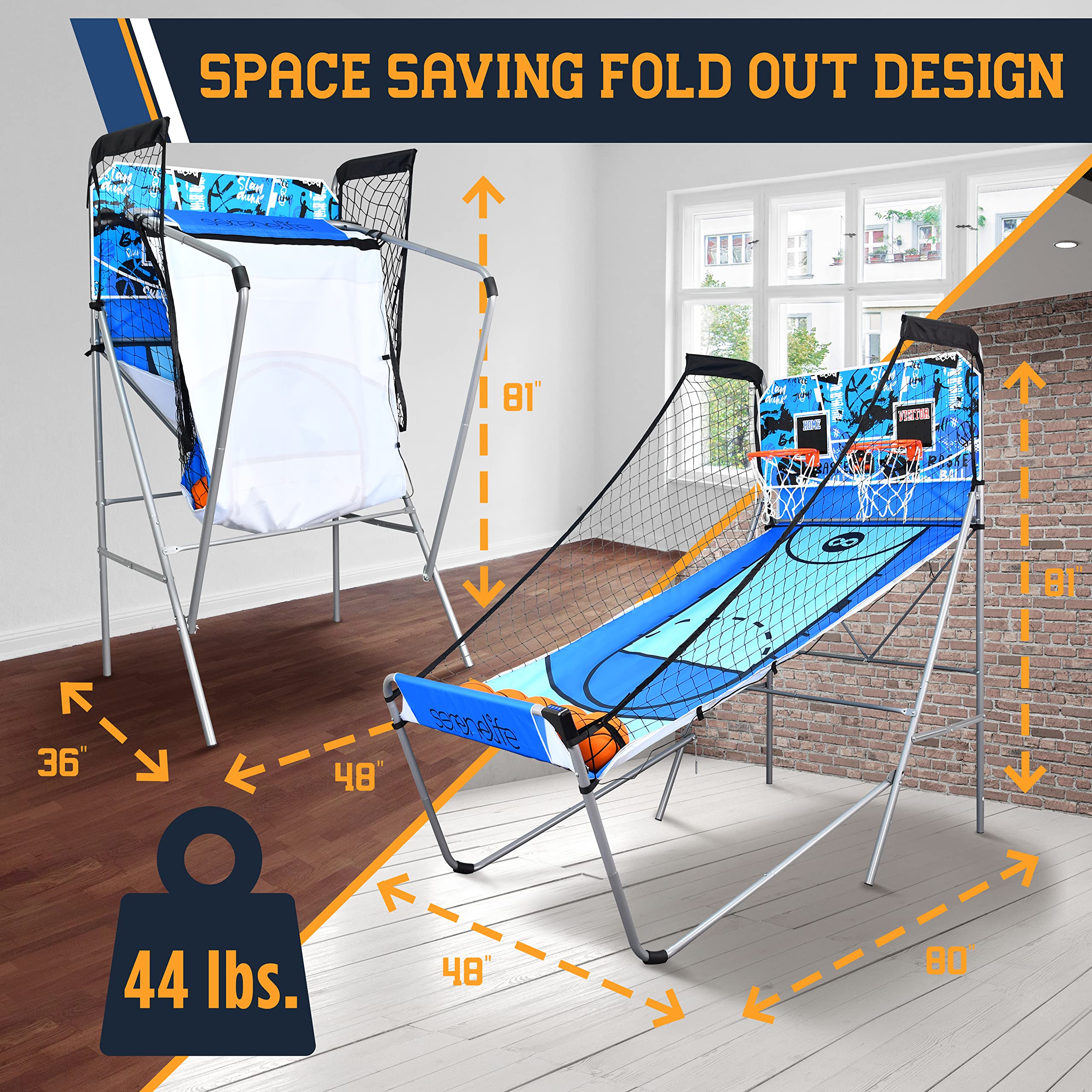 SereneLife Arcade Basketball Game - Indoor Shootout with Heavy Duty Foldable Dual Hoop, Electronic Shot Scoreboard & Play Timer - Pre-Assembled Frame for Home, Office & Game Room Fun