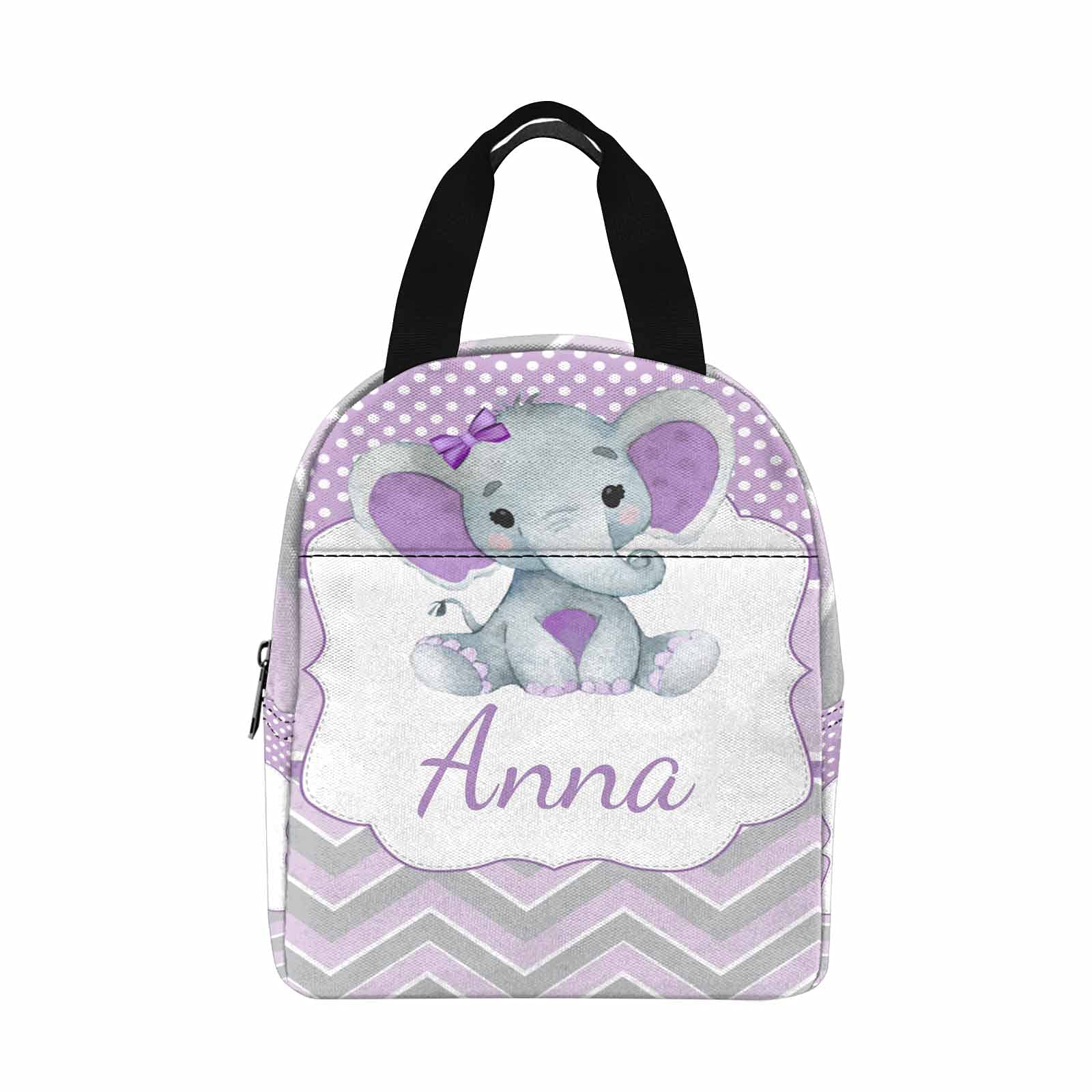 Custom Personalized Lunch Bag with Little Elephant Design - Purple & White Polka Dot Reusable Tote for School, Work, Office, Travel | Perfect for Kids, Boys & Girls | Great for Camping, Picnics & Daily Use