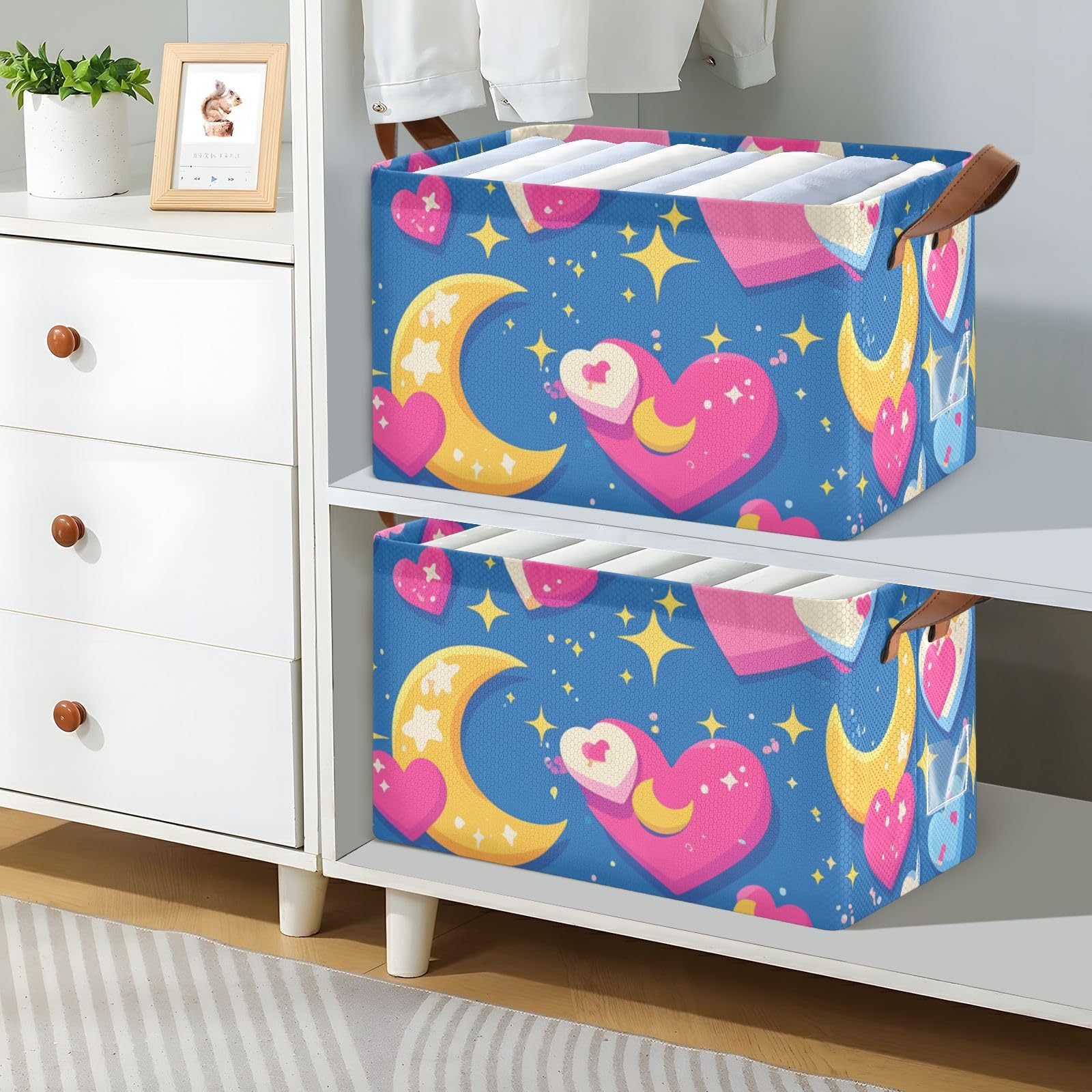 Moon Pixel Art Valentine's Day Decorative Foldable Storage Baskets - 2 Pack Closet Organizer Bins with Handles for Bedroom, Office & Nursery Organization | Space-Saving Storage Cubes for Home Decor