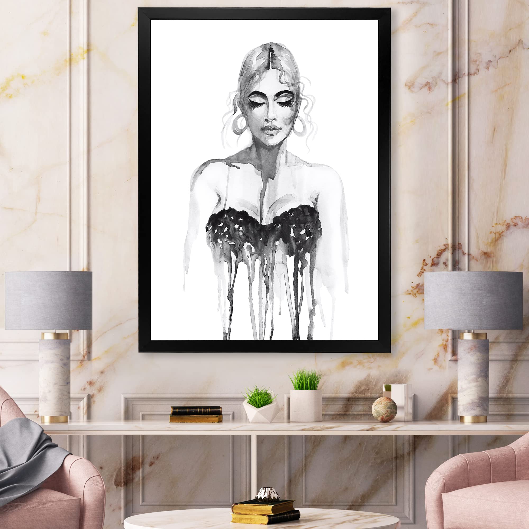 DesignQ Black and White Portrait of Elegant Woman in Evening Gown - Modern Framed Canvas Wall Art Decor for Living Room, Bedroom & Office