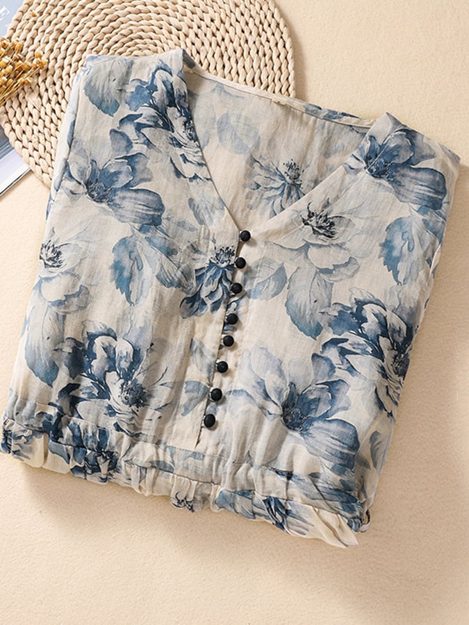 Lovevop Women's Cotton Linen V-Neck Pleated Vintage Floral Print Dress for Summer Casual, Beach, and Boho Style Outfits