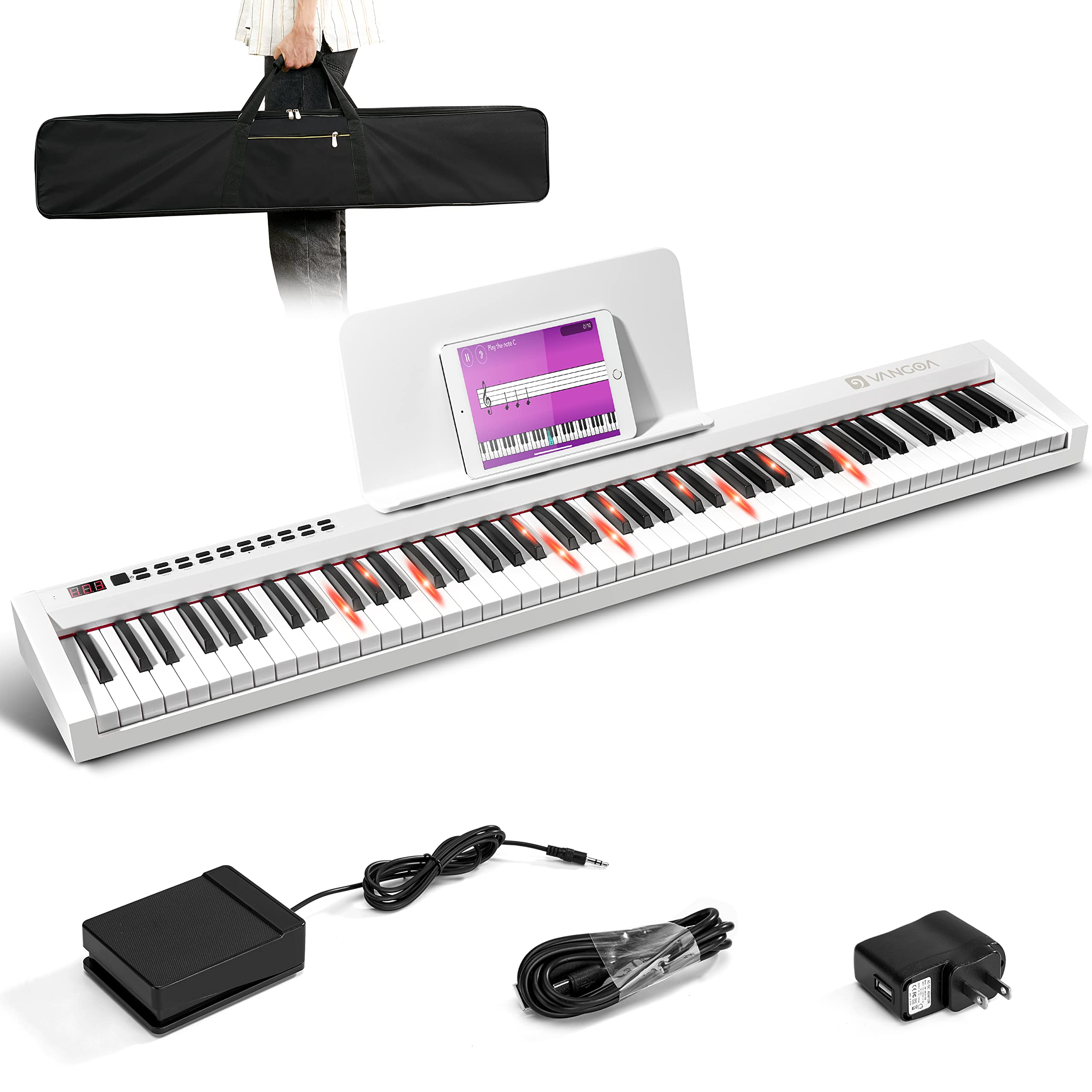Vangoa 88-Key Digital Piano Keyboard for Beginners - Electric Piano with Touch Sensitive Keys, Sustain Pedal, Power Adapter & Carrying Bag - Includes APP Learning System - Perfect for Home Practice, Music Lessons & Studio Recording (White)