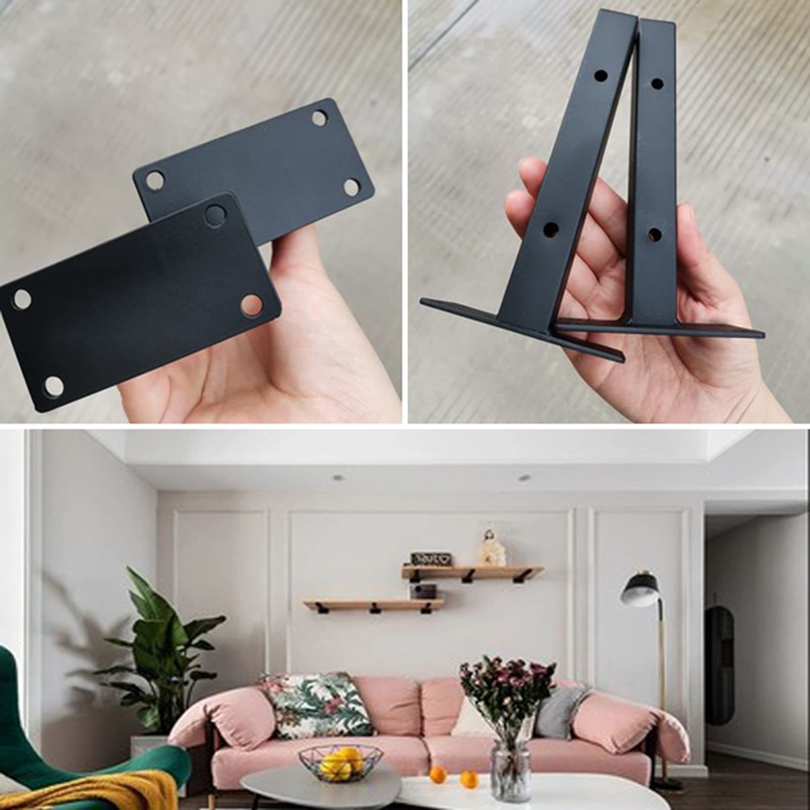 YFZN 2-Pack Heavy Duty Floating Shelf Brackets - Hidden Right Angle Wall Mounted Corner Braces for Strong Load Bearing & Space Saving - Perfect for Living Room, Bedroom, Kitchen Storage & Display (Black, 2 Styles)