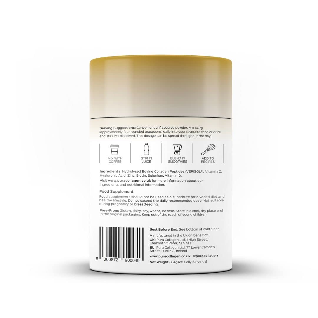 Pura Collagen Powder Supplement with 10,000mg Hydrolyzed Peptides, Hyaluronic Acid, Vitamins & Minerals - 28 Servings (284g) for Skin Hydration, Joint Support & Anti-Aging - Perfect for Smoothies, Coffee & Daily Wellness Routine