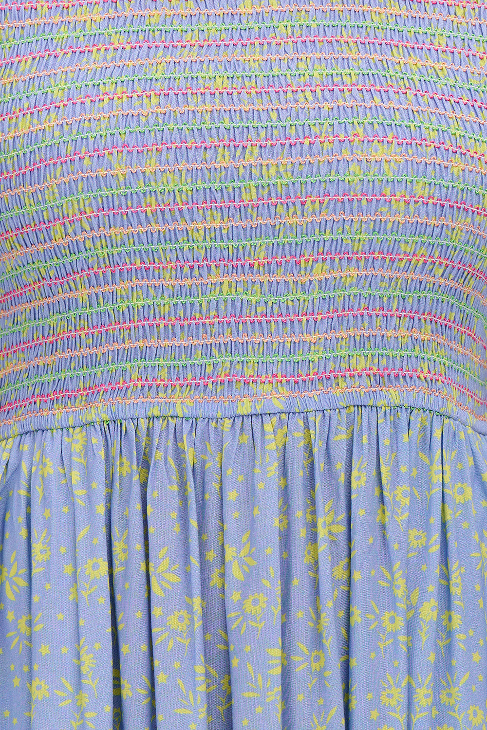 Arrabella Midi Shirred Dress - Blue & Lemon Floral Print, Star Meadow Design | Summer Casual Dress for Beach, Picnic & Date Night