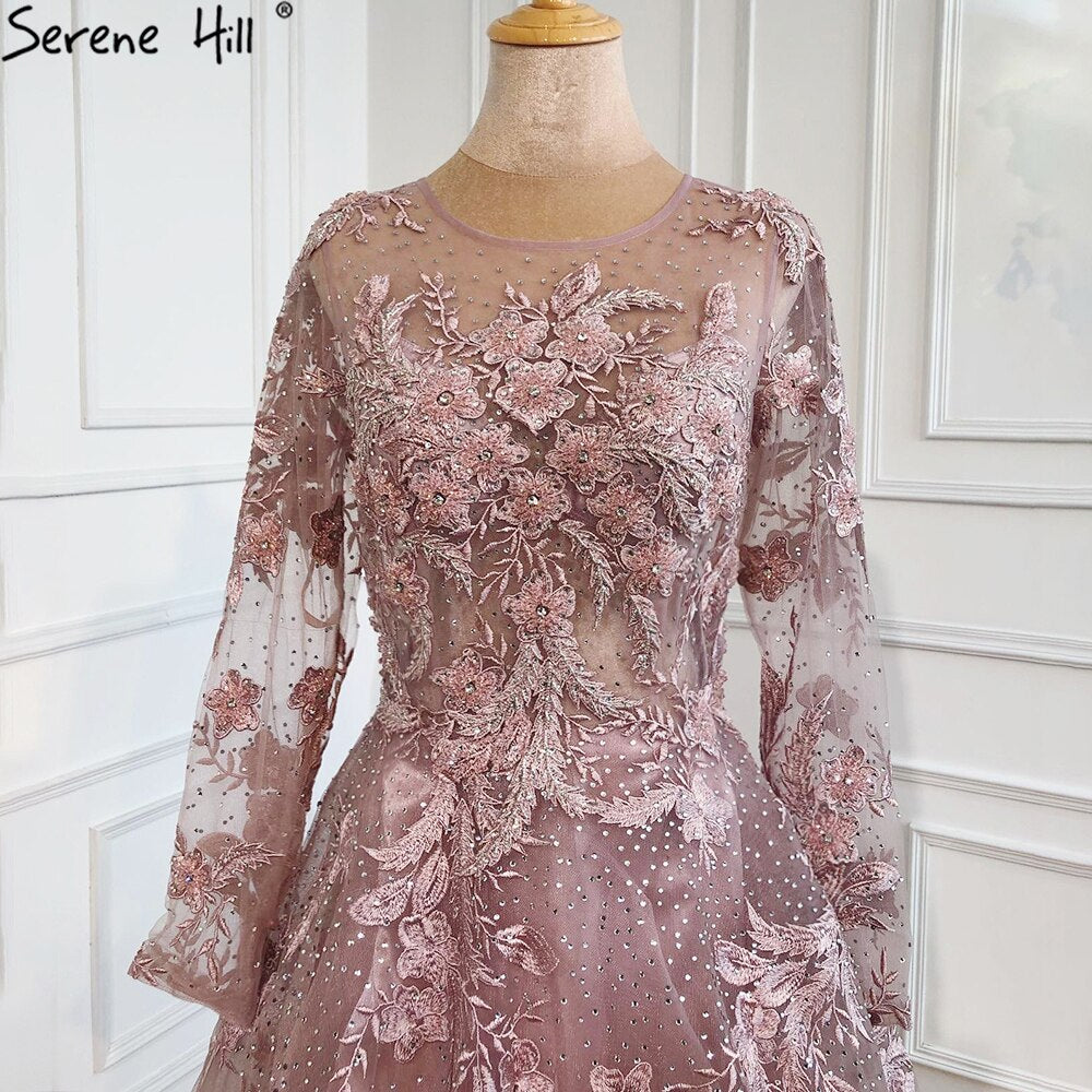 Serene Hill Muslim Pink Beaded Lace A-Line Luxury Long Crystal Evening Dress - Formal Gown for Women Wedding, Prom, Party 2025 (LA70708) | Elegant Islamic Abaya for Special Occasions & Evening Events