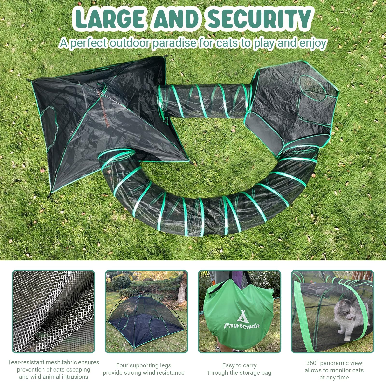 Outdoor Cat Tent with Tunnels - Foldable Portable Cat Enclosure for Indoor & Outdoor Use - 4-in-1 Pet Playpen Includes 2 Tents & 2 Tunnels - Perfect for Backyard, Camping, and Travel Adventures with Your Cat