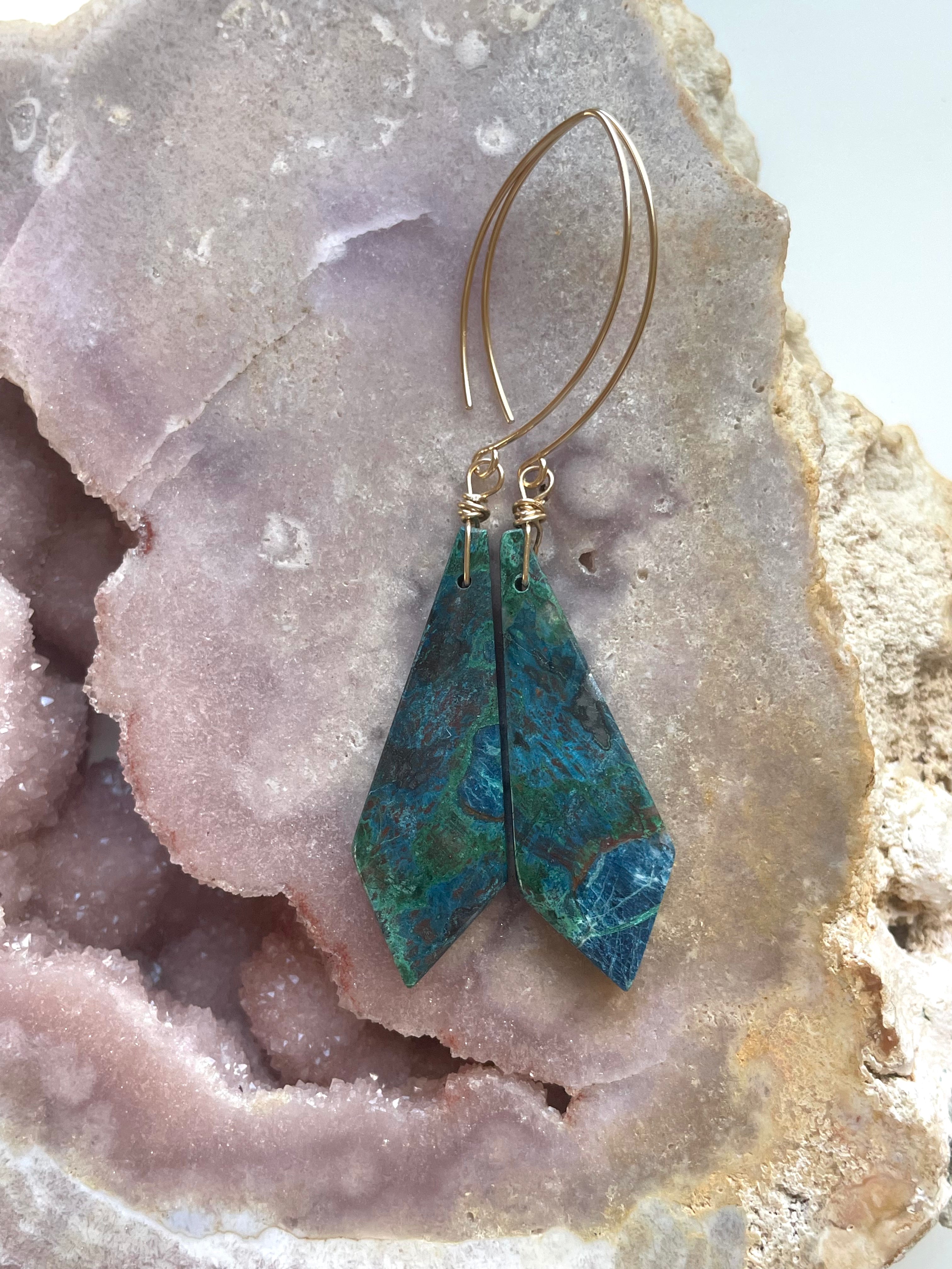Chrysocolla Gold Filled Statement Crystal Gemstone Earrings for Women | Elegant Bohemian Jewelry for Parties, Weddings & Special Occasions