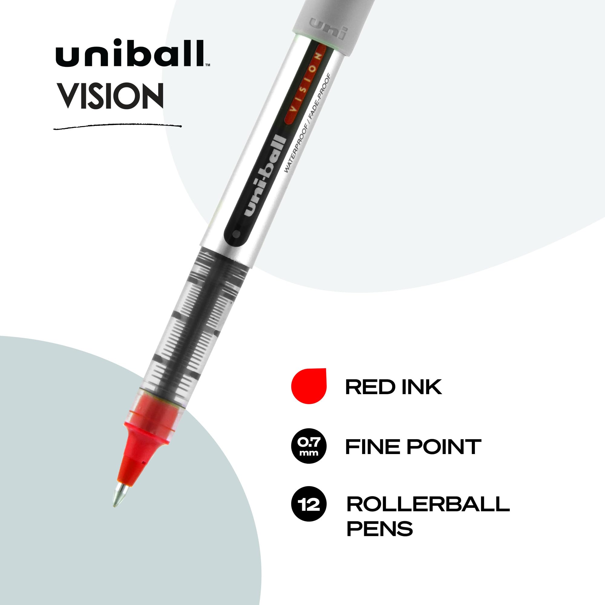 uni-ball Vision Rollerball Pens - 0.7mm Fine Point, Red Ink, 12-Pack for Smooth Writing | Ideal for Office, School, Journaling & Note Taking