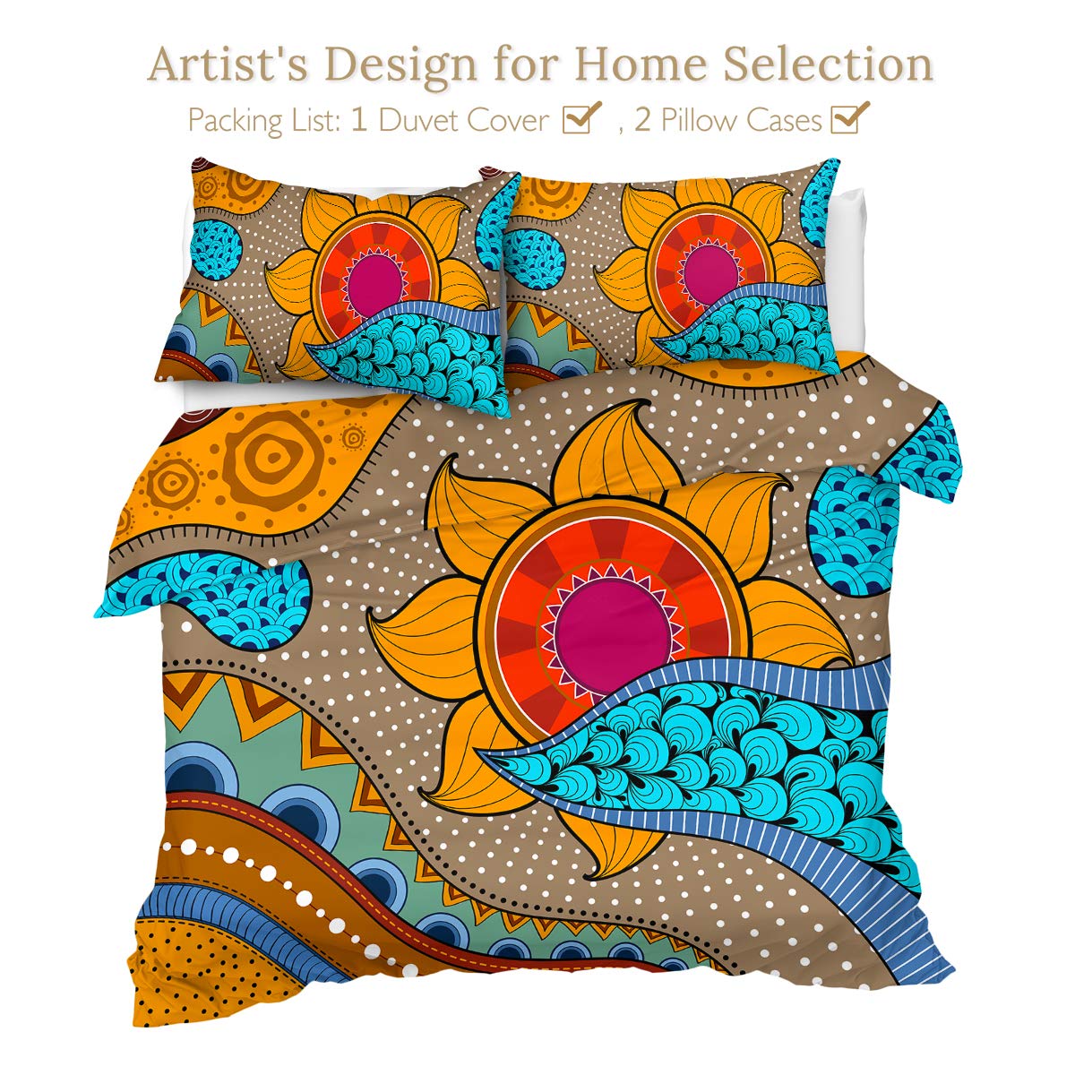 Sleepwish Ethnic Floral Duvet Cover Set - Orange & Blue African Print Bedding 3-Piece King Size - Soft Breathable Cotton for Master Bedroom, Guest Room & Bohemian Decor