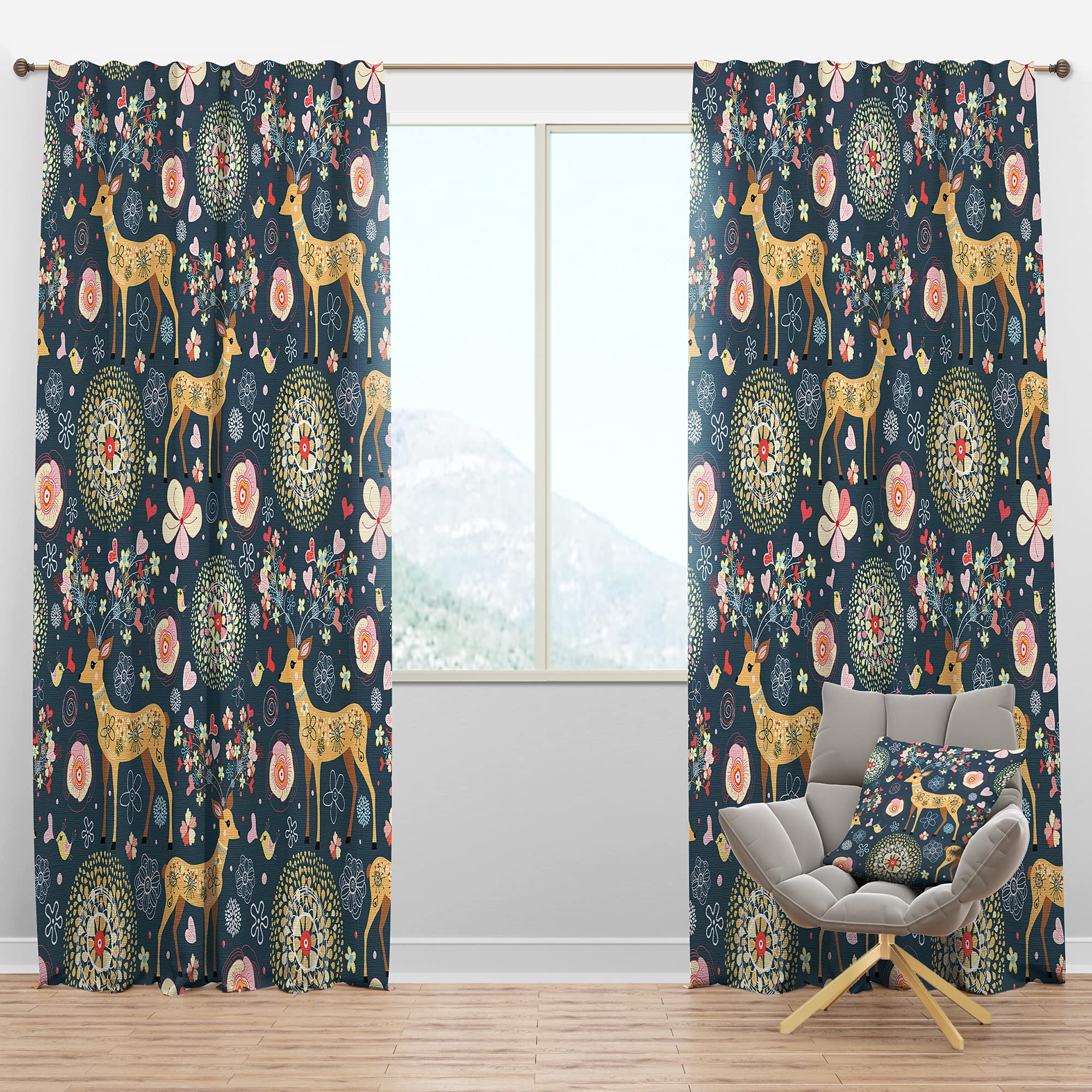 DesignQ Blackout Curtains - Deer with Flowers & Hearts Antlers Pattern - Thermal Insulated Room Darkening Drapes for Bedroom & Living Room (52x95 Inches, Single Panel) - Perfect for Nursery, Kids Room & Home Theater