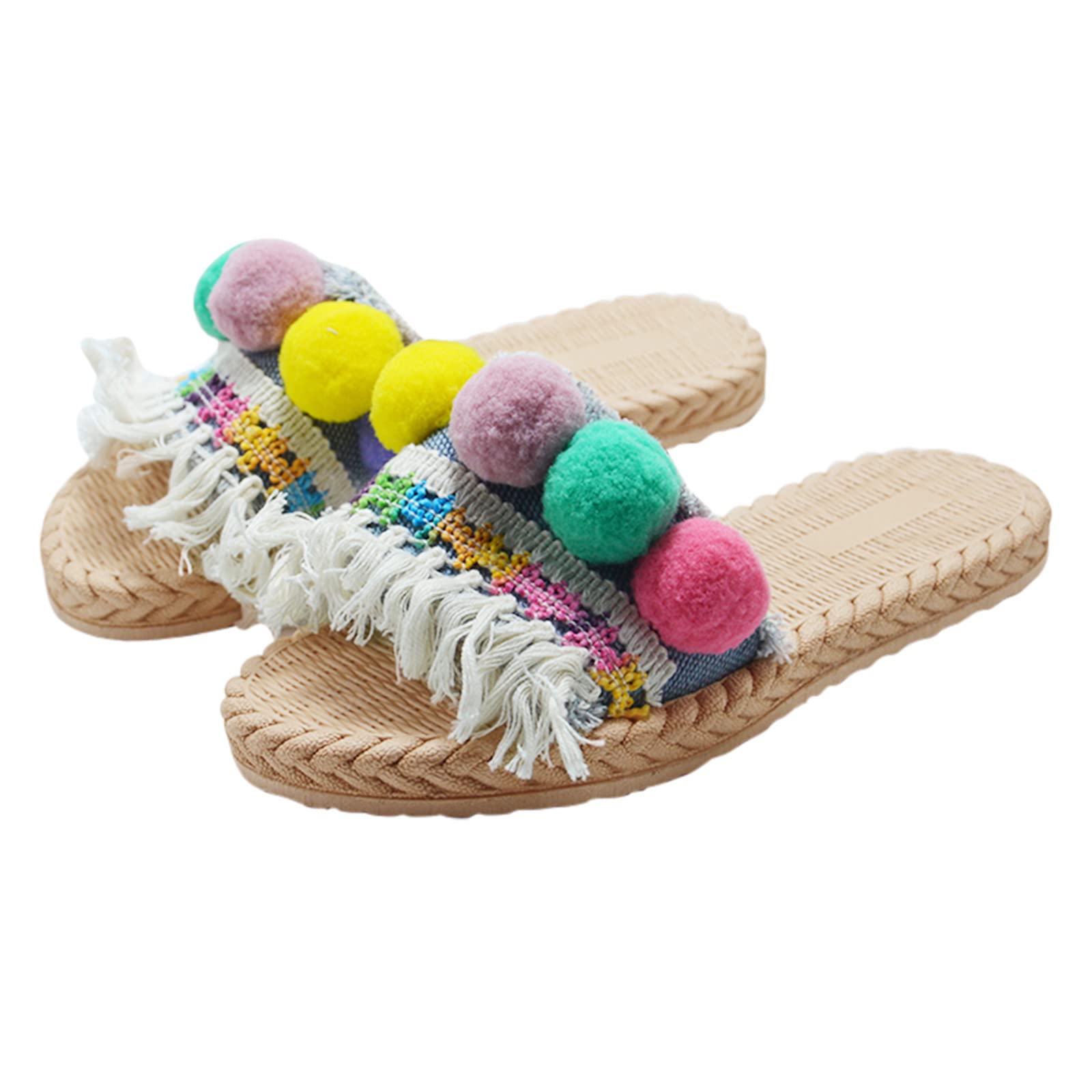 Women's Linen Tassel Sandals - Breathable Summer Beach Shoes with Denim Cross Strap & Low Heel for Casual Outings, Vacations and Fashion Streetwear