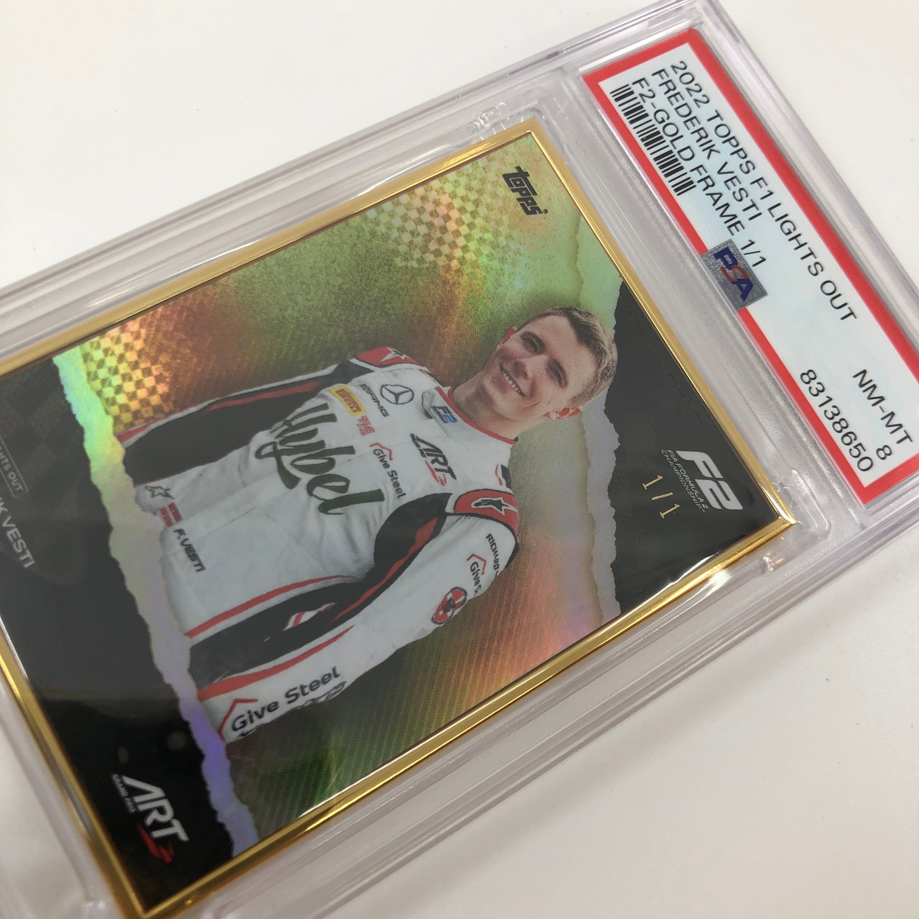Frederik Vesti 2022 F2 Driver Gold Frame PSA 8 Graded Collectible - Perfect for Motorsport Memorabilia Displays & Racing Fan Collections
