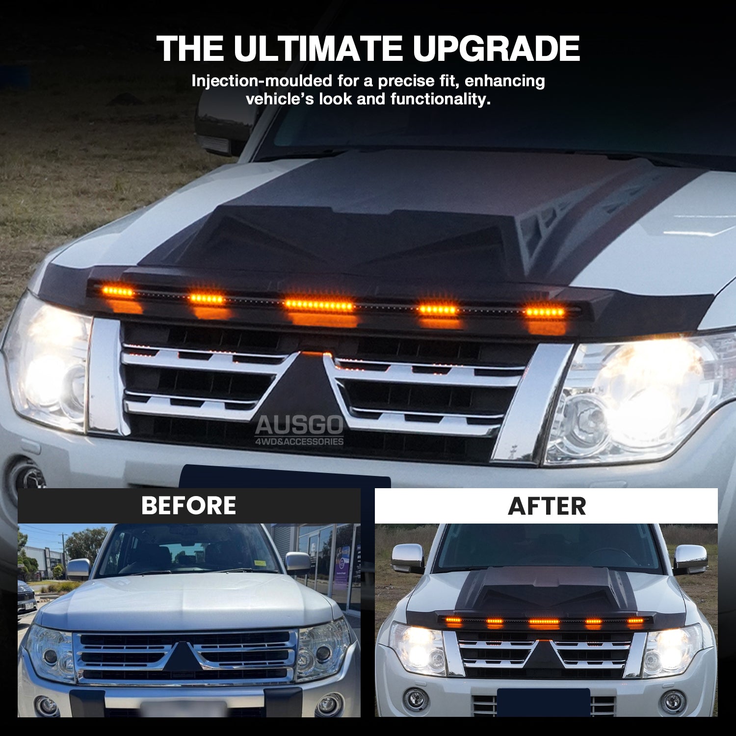 LED Bonnet Protector for Mitsubishi Pajero 2007-2020 | Durable Hood Guard with Bright Lights | Perfect for Off-Roading & Night Driving Protection