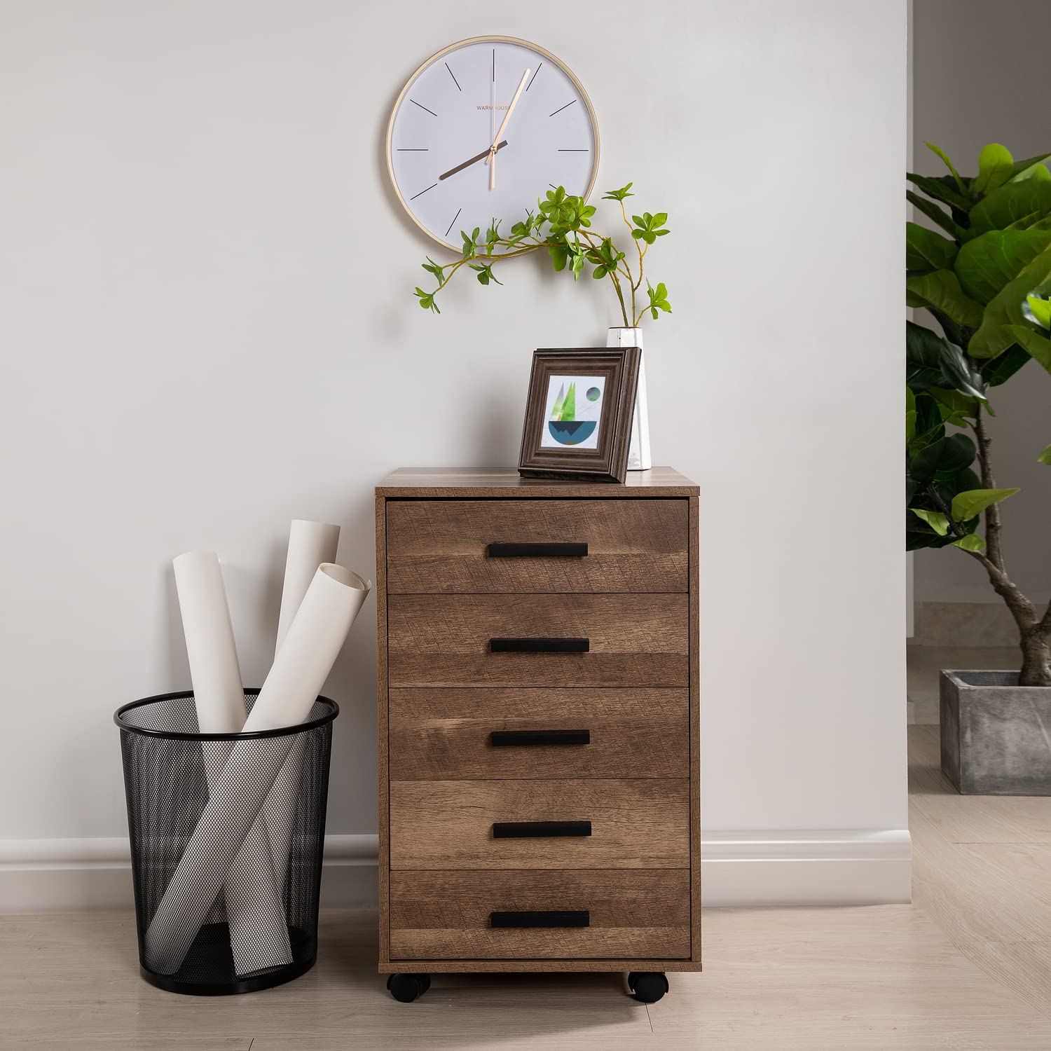 Naomi Home Parker Modern 5-Drawer Dresser Cabinet - Industrial Design Wooden Chest with Swivel Casters & Stylish Handles - Compact Bedroom Storage Solution for Clothes, Accessories & Home Organization (Chestnut)
