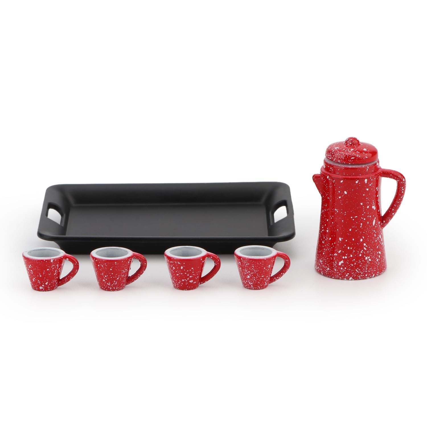 1:12 Scale Miniature Spotted Coffee Pot Set with 4 Cups & Tray - Japanese Style Dollhouse Kitchen Accessories for Dollhouse Decor & Tea Party Scenes (Red)