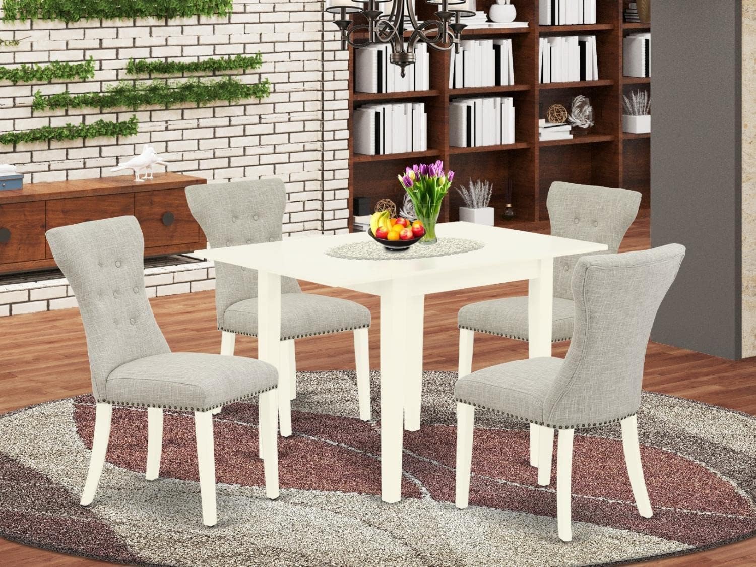 East West Furniture 5-Piece Dining Set with Drop-Leaf Table & 4 Fabric Chairs, 30x48 Inch, Linen White – Perfect for Small Kitchens, Breakfast Nooks & Cozy Dining Spaces