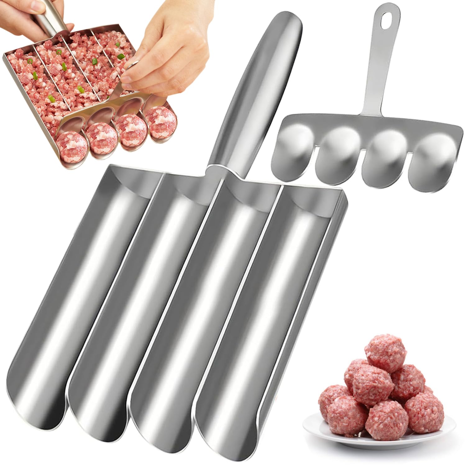 **4-in-1 Stainless Steel Meatball Maker Tool – Meatball Scoop & Mold Set with Spoon (4 Tubes) – Perfect for Homemade Meatballs, Burgers, and Meatloaf – Ideal for Home Chefs & Meal Prep**