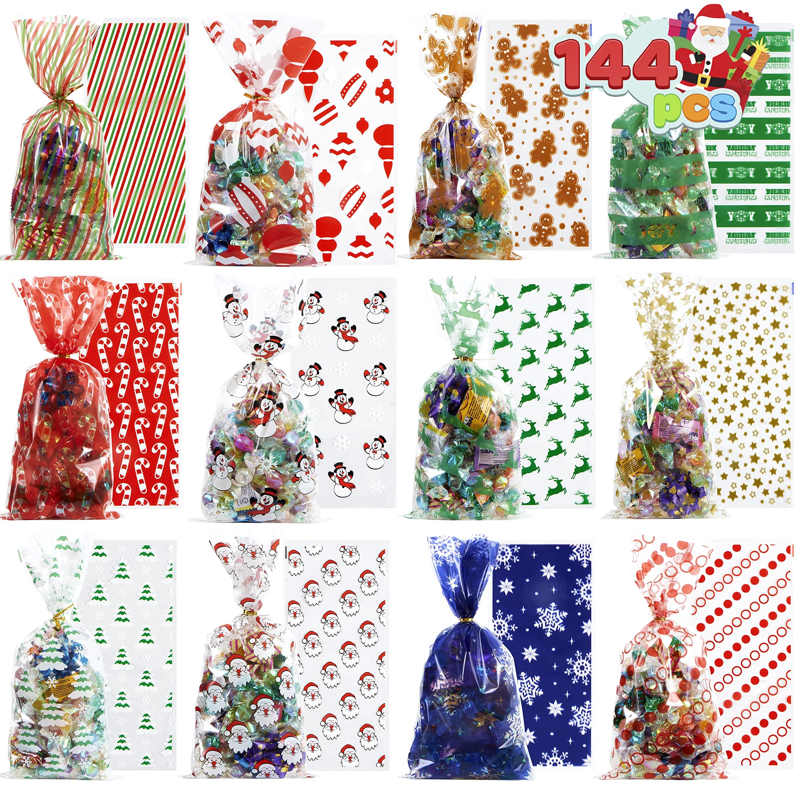 JOYIN 144-Piece Christmas Cellophane Gift Bags with Ribbon - Holiday Treat Bags for Candy, Cookies & Party Favors - Clear Cello Goodie Bags for Xmas Gifts, Stocking Stuffers & Holiday Celebrations