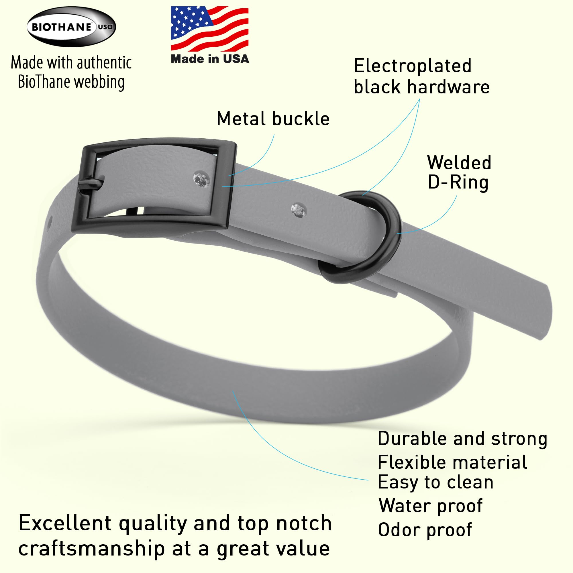 Waterproof Biothane Dog Collar - Odor-Proof, Easy to Clean with Black Hardware - Fits Small, Medium & Large Dogs (Battleship Gray) - Perfect for Outdoor Adventures, Hiking & Daily Walks