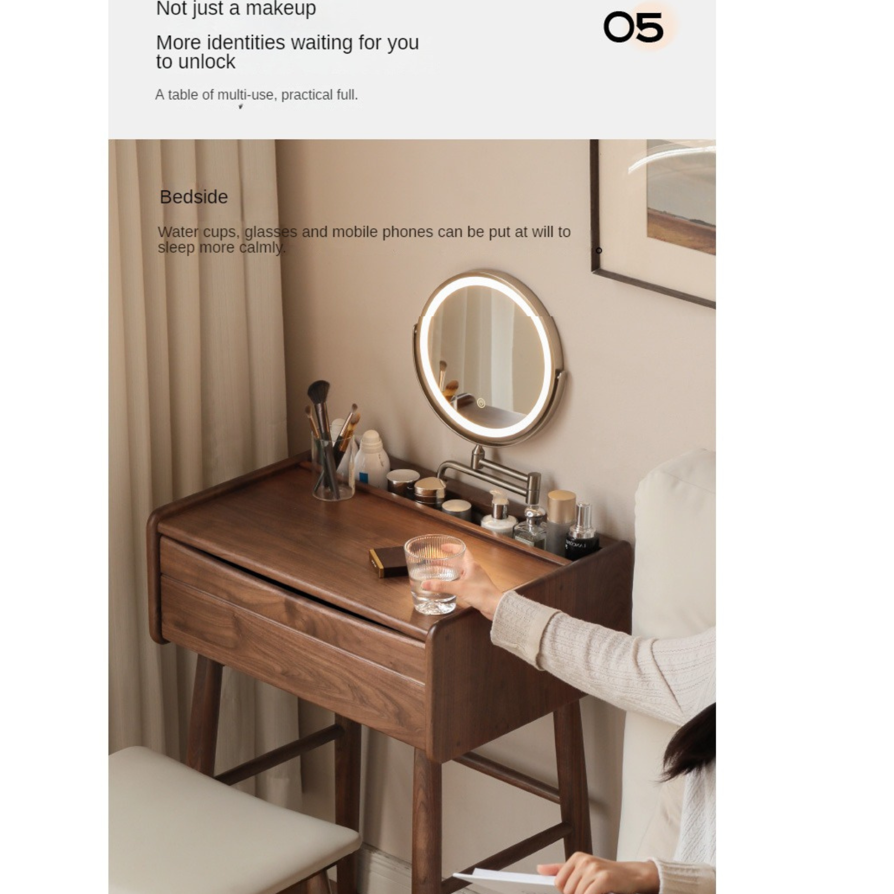 Premium Black Walnut Solid Wood Vanity Dresser with Mirror | Elegant Makeup Dressing Table for Bedroom & Bathroom | Natural Wooden Vanity Desk with Storage