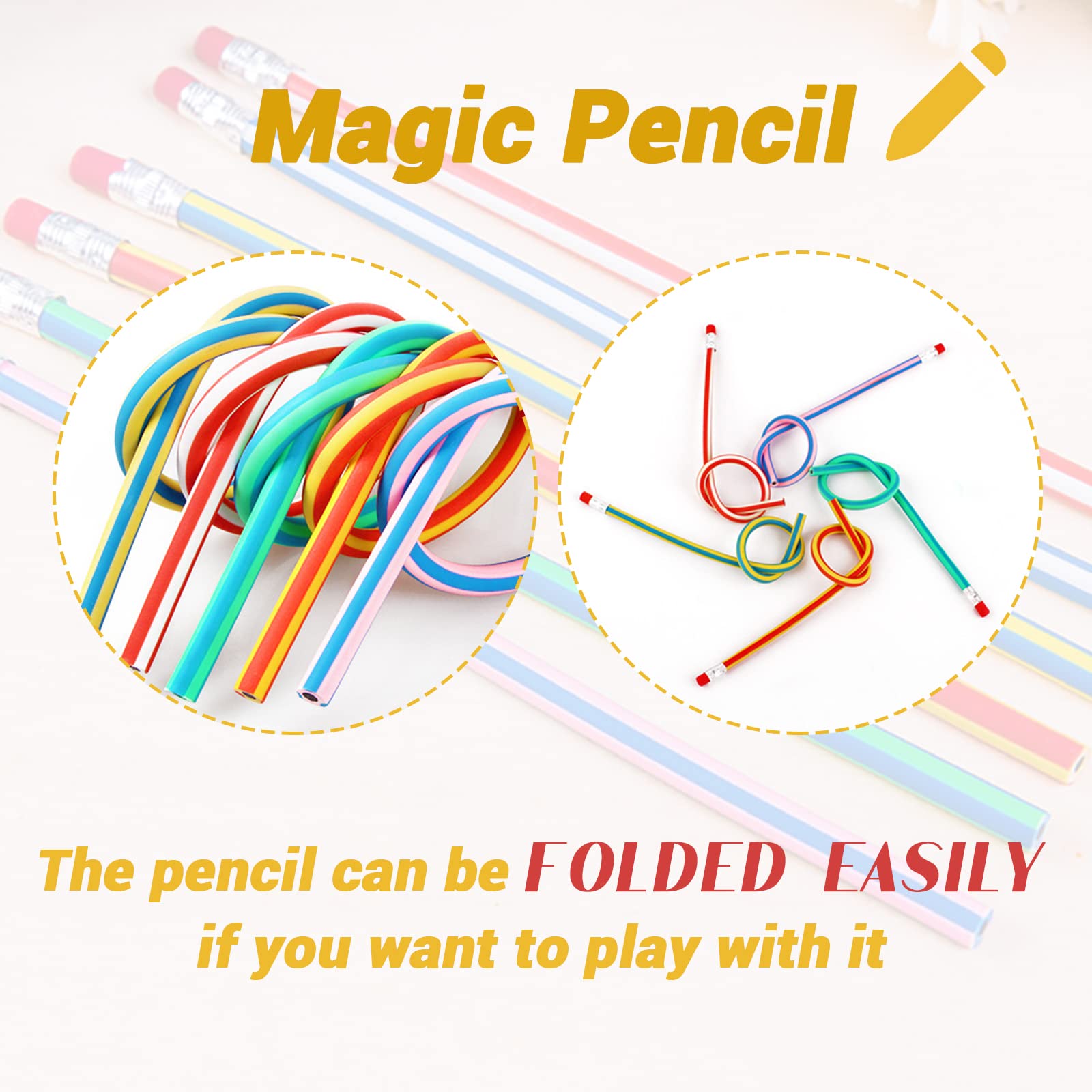 40 Pack 7 Inch Flexible Bendable Pencils - Soft Novelty Pencils with Erasers, Multi-Colored Striped Pencils for Kids, Students & Artists - Perfect for School, Office, Art Projects & Creative Gifts