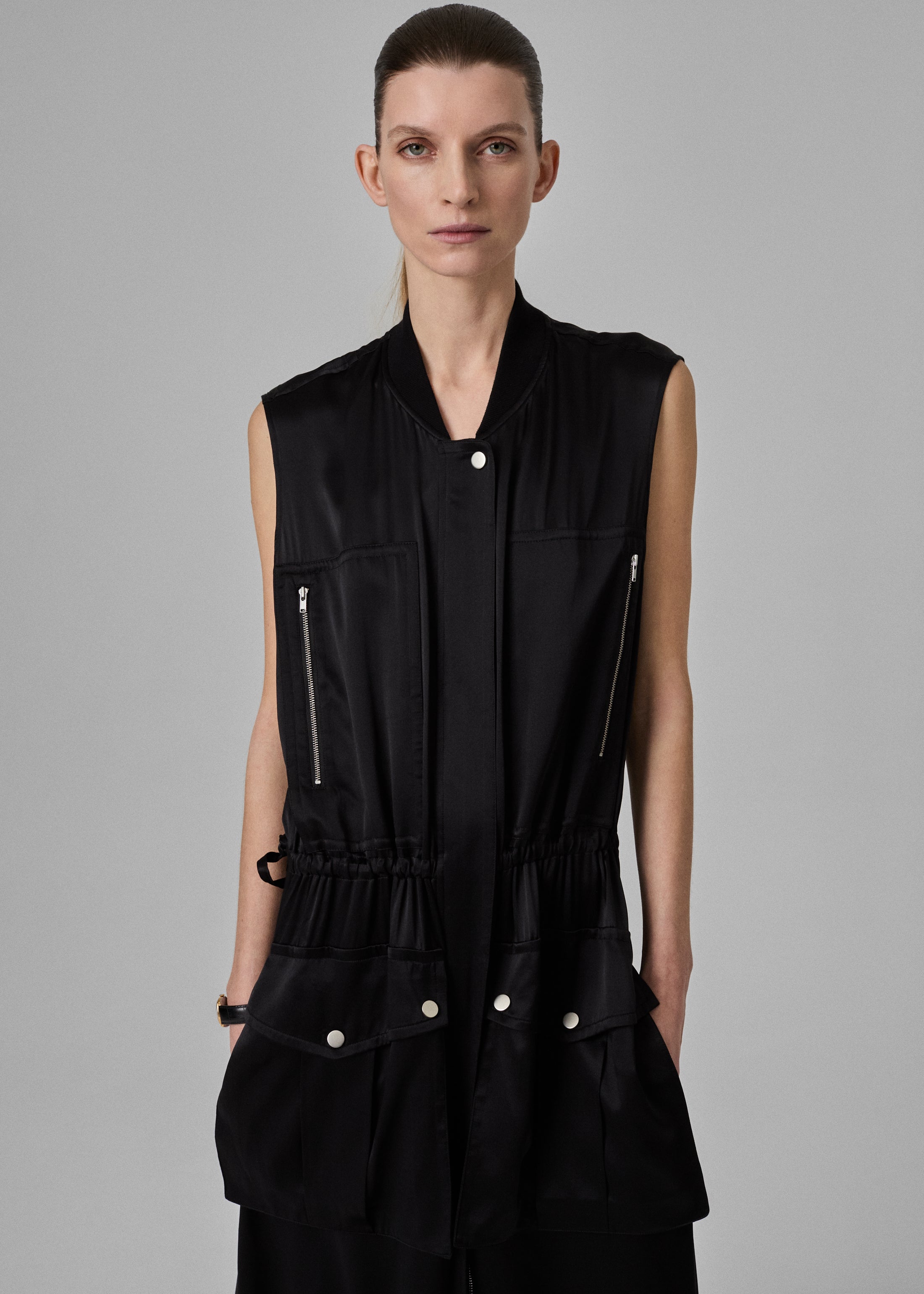 Silk Charmeuse Sleeveless Cargo Dress - Black | Women's Elegant Summer Dress for Casual Outings & Evening Events