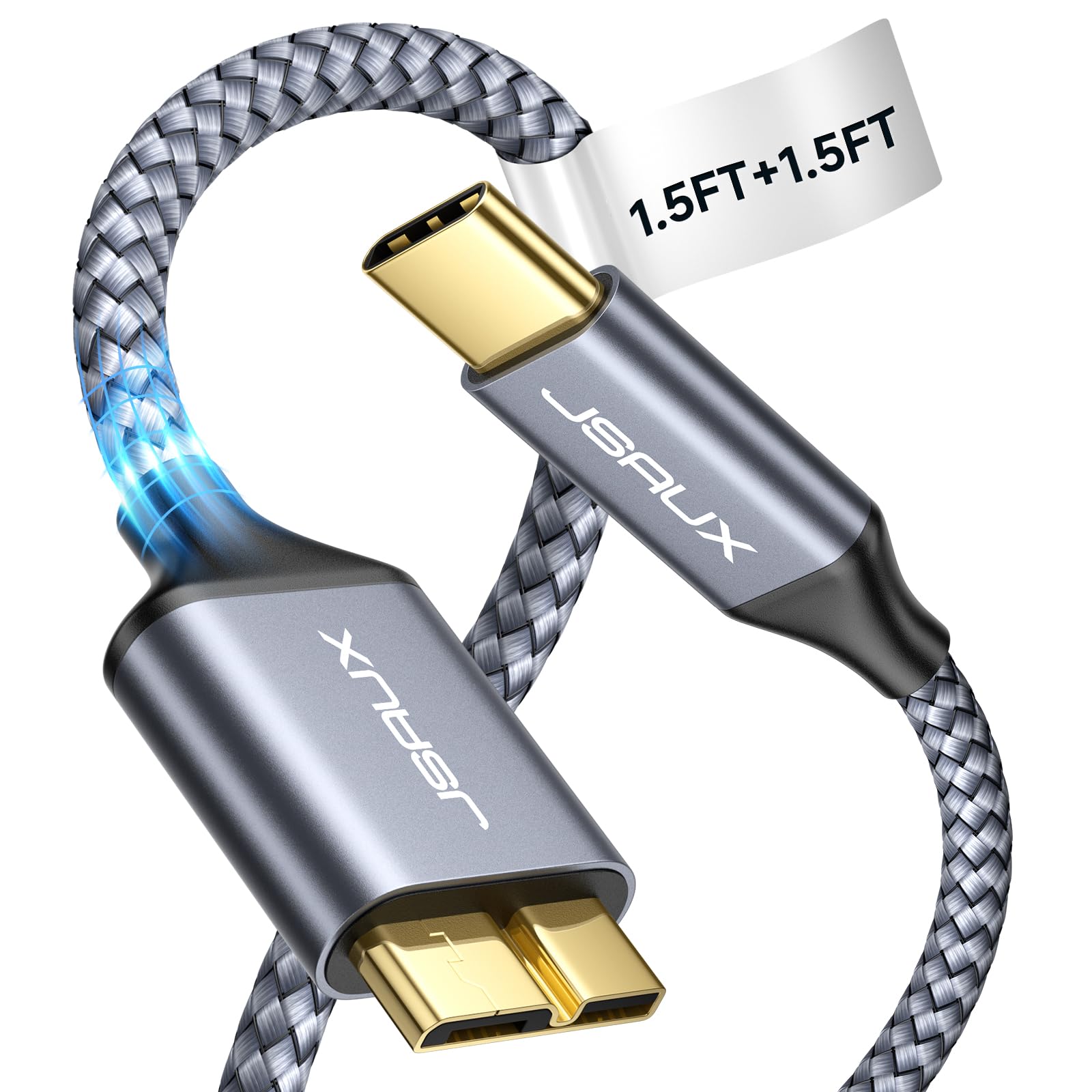 JSAUX 10Gbps USB C to Micro B Cable 1.5FT + 1.5FT - High Speed External Hard Drive Cable for Seagate WD Westgate, MacBook Pro/Air, Samsung Galaxy S24, iPhone 15 - Perfect for Data Transfer & Backup Solutions
