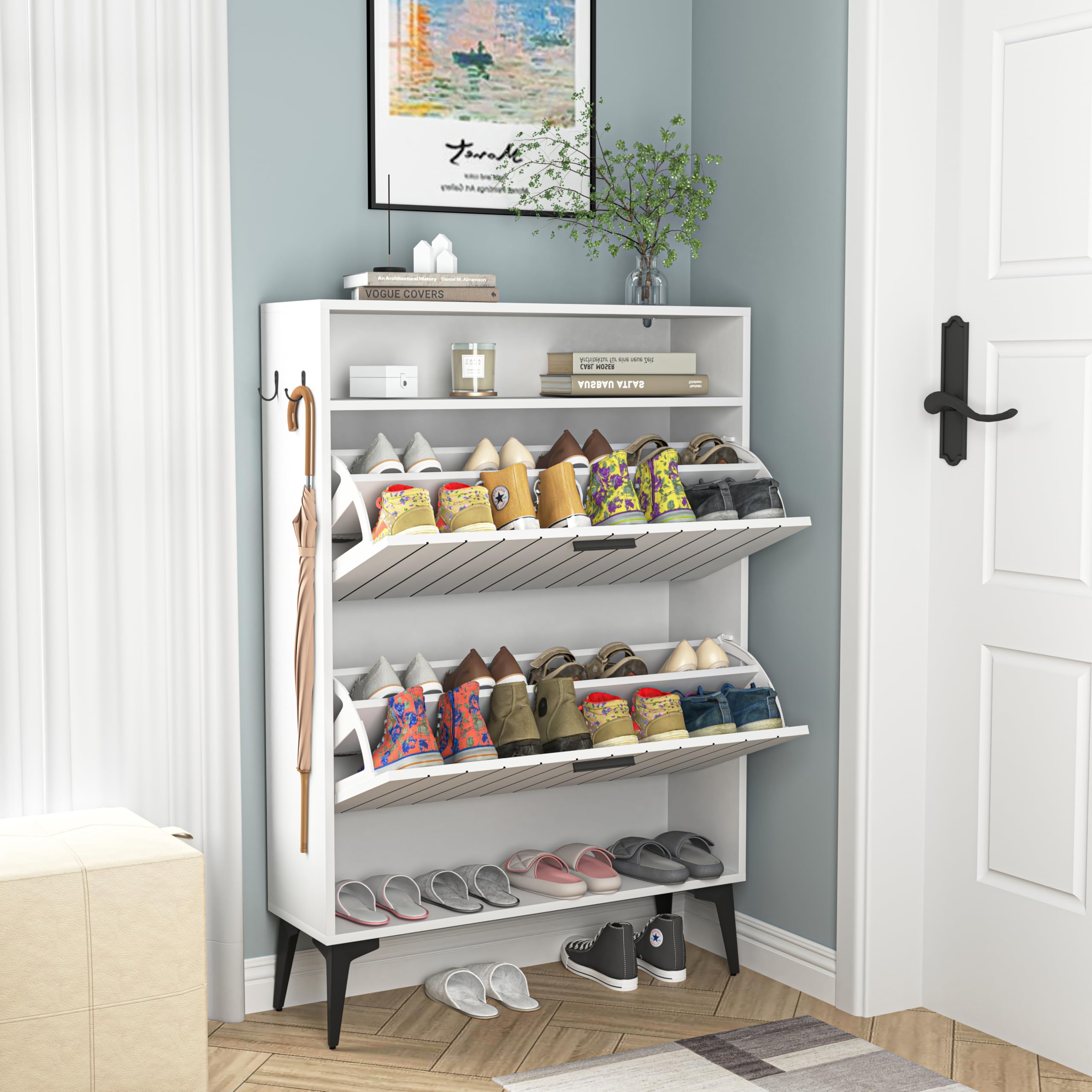 2-Tier Flip-Drawer Shoe Cabinet with 4 Open Shelves - Freestanding Narrow Shoe Organizer Rack for Entryway & Hallway - Perfect for Small Spaces, Apartment Living & Closet Storage
