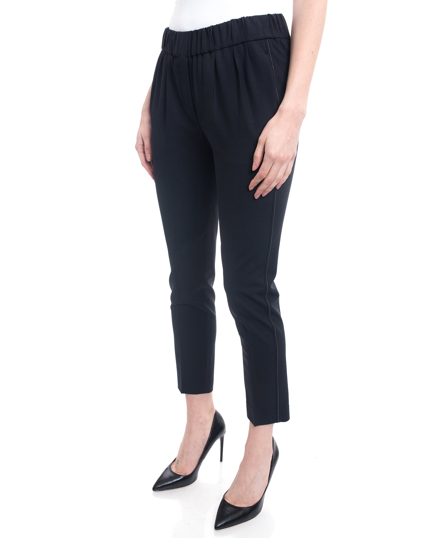 Brunello Cucinelli Charcoal Grey Cropped Pants with Silver Bead Trim - Women's High-Waisted Slim Fit Trousers for Work, Office & Special Occasions