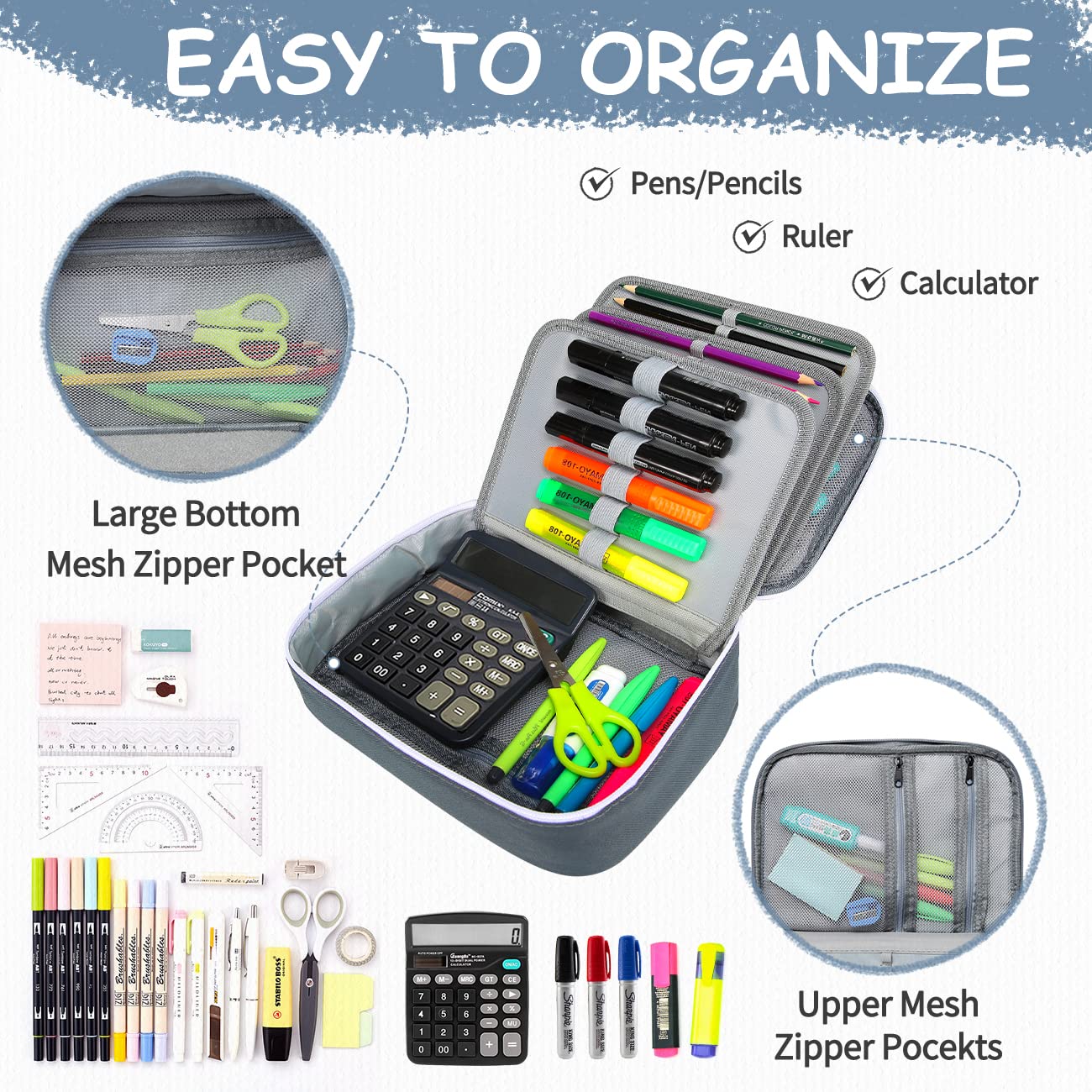 VASCHY Large Pencil Case with Detachable Pockets - Art & School Supplies Organizer for Students & Artists