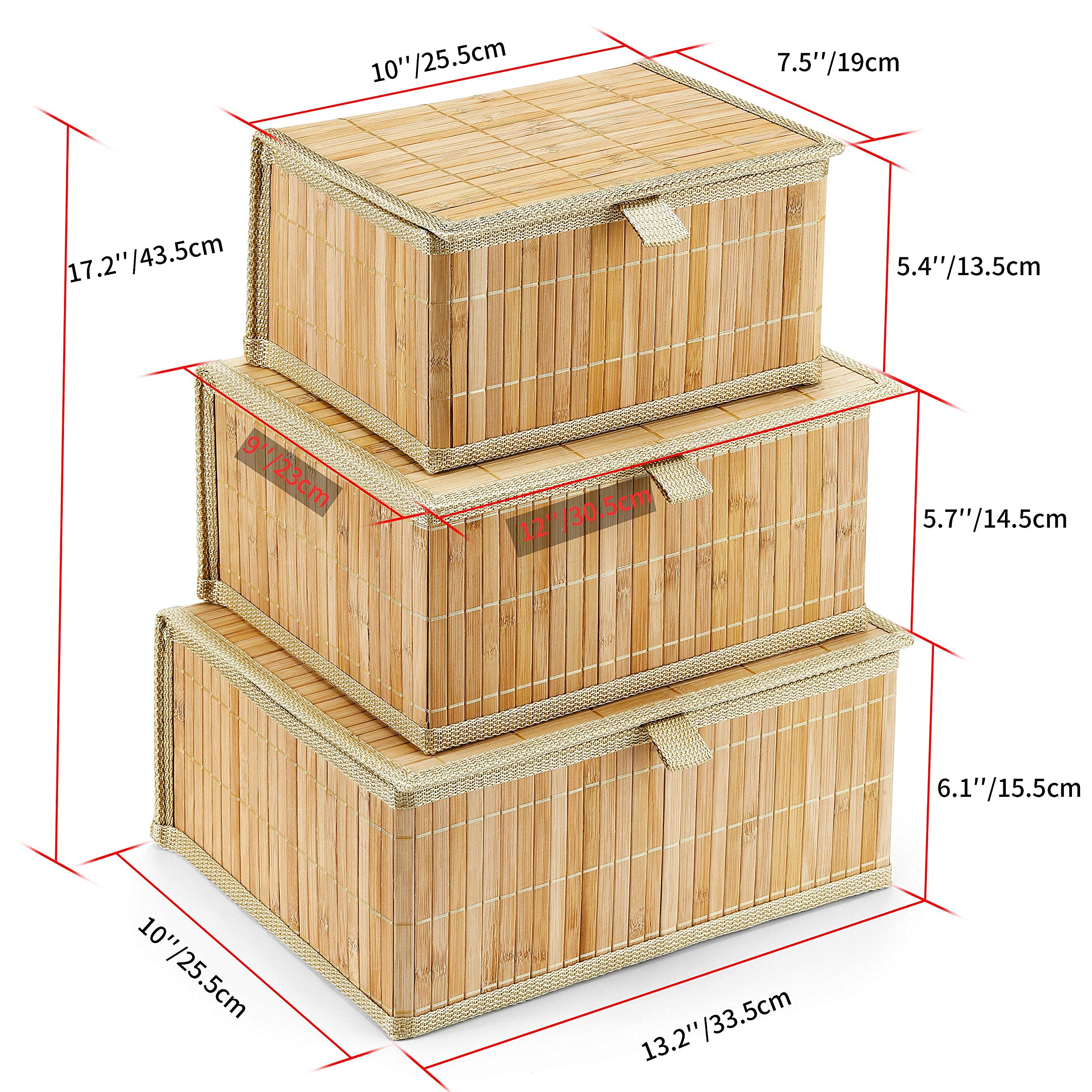 Honygebia Set of 3 Bamboo Storage Baskets with Lids - Woven Lined Decorative Organizer Boxes for Home, Kitchen, Shelf | Beige Wicker Baskets for Home Decor, Pantry Organization & Gift Wrapping Storage