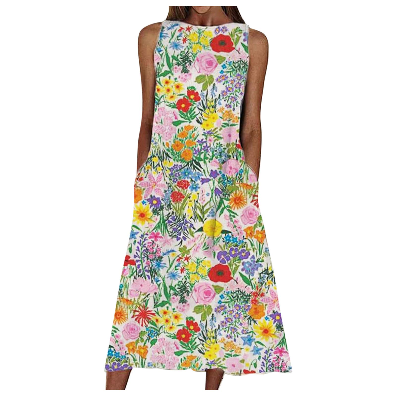 Women's Hooded Midi Dress with Pockets - Round Neck Maxi Swing Dress for Beach, Holiday & Casual Wear - Flowy White Printed Summer Dress for Women Plus Size