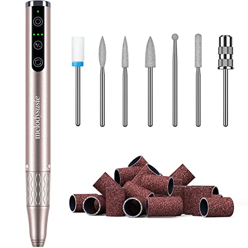 MelodySusie Professional Cordless Nail Drill Kit - Rechargeable Electric Efile with Bits & Sanding Bands for Acrylic Gel Nails | Manicure Pedicure Polishing Tools | Portable for Home & Salon Use (Gold)
