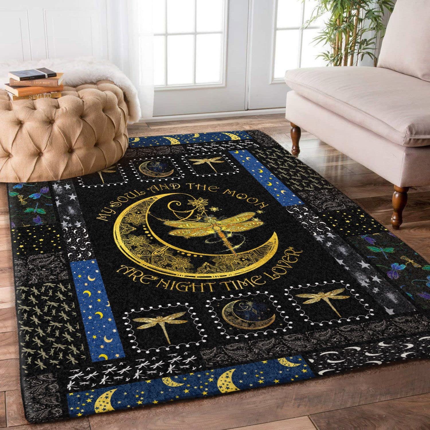 Gold Dragonfly Moon Night Time Rug - Indoor/Outdoor No-Slip Backing, Easy to Clean Area Rug for Living Room, Patio, Picnic, Bathroom Decor - Perfect for Home, Garden & Outdoor Activities