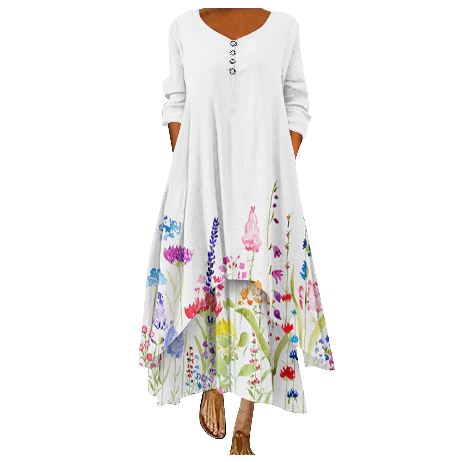 SERYU Women's Long Sleeve Floral Print O-Neck Loose Fit Irregular Hem Maxi Dress - Perfect for Casual Outings, Beach Vacations & Boho Style Fashion