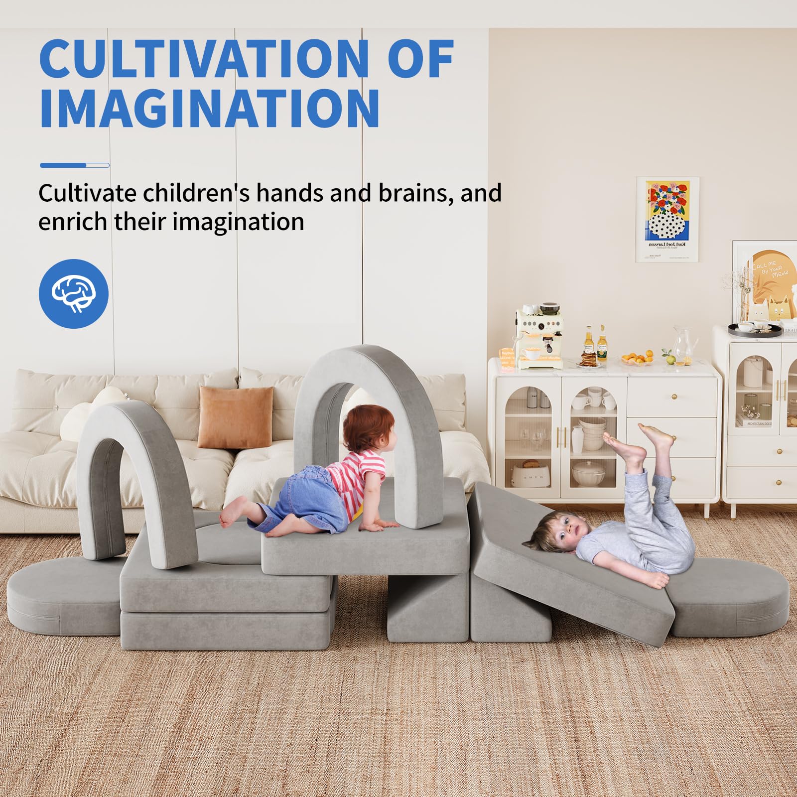 12PCS Modular Kids Play Couch with 2 Triangle Cushions & 4 Arches - Foldable Toddler Sofa for Playroom, Bedroom | Gray Children's Furniture for Boys & Girls | Perfect for Playtime, Reading Nook & Nap Space