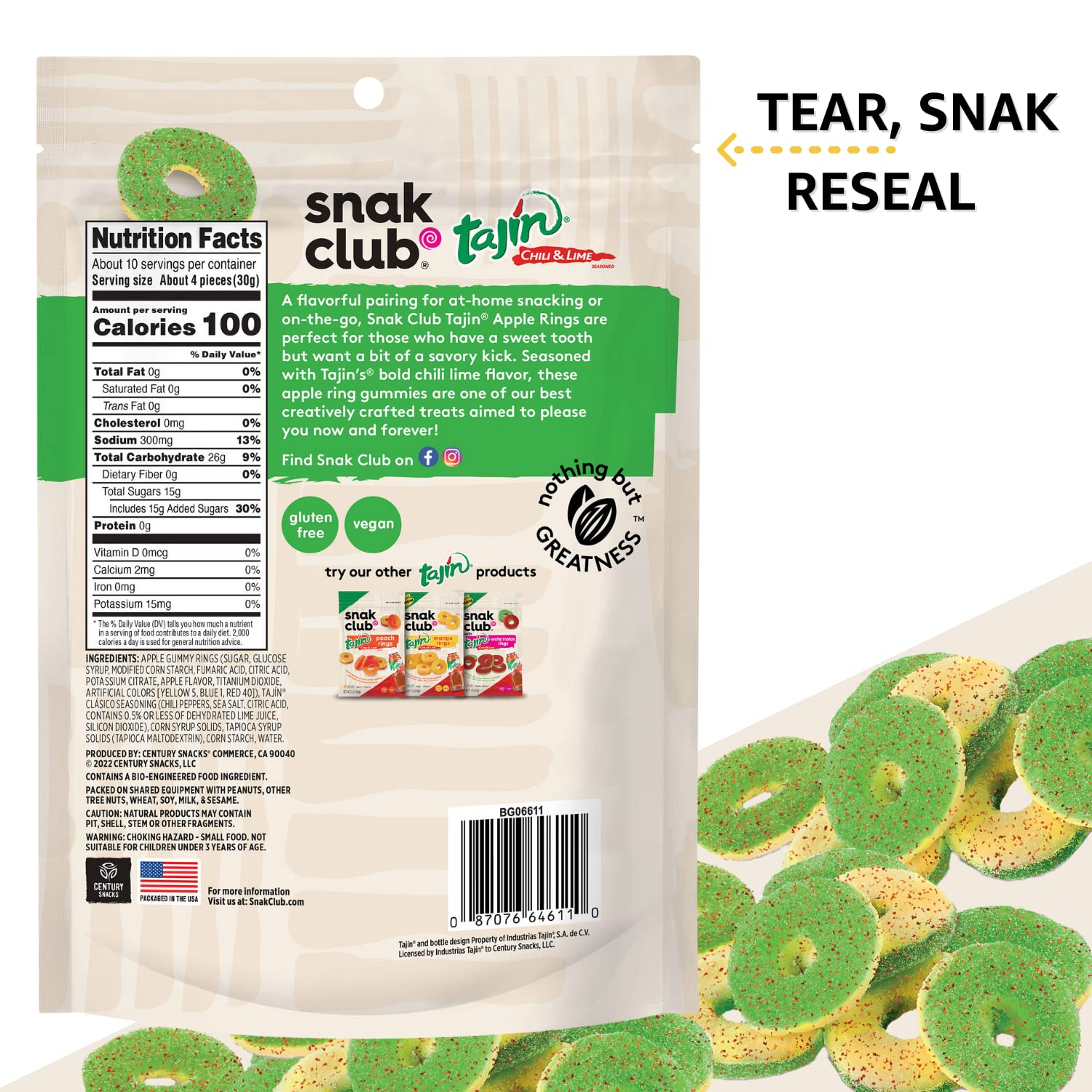 Snak Club Tajin Apple Rings - Sweet & Tangy Gummy Fruit Snacks, 11oz Resealable Bag (6-Pack) | Perfect for Lunchboxes, Movie Nights & On-the-Go Snacking