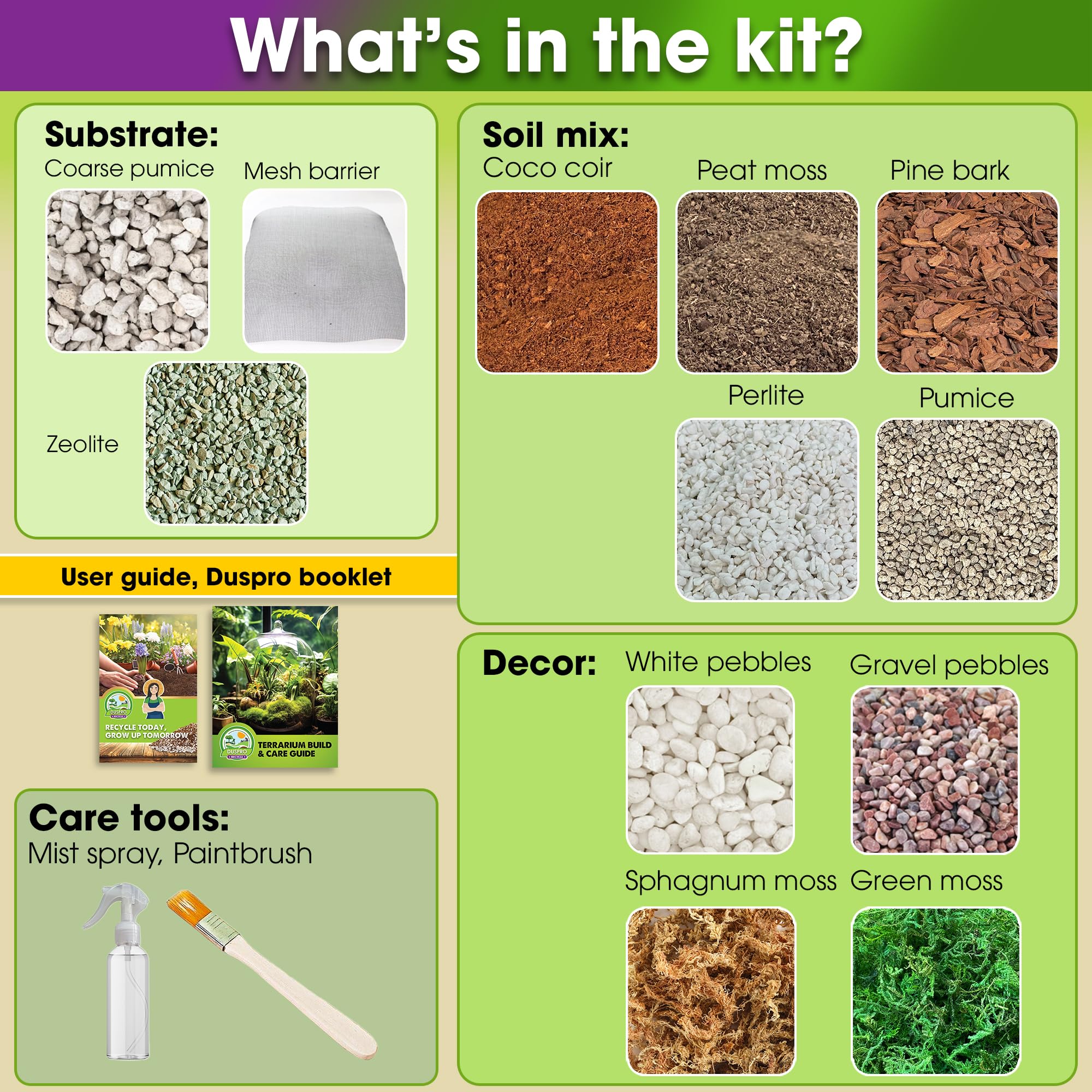 DUSPRO DIY Terrarium Kit - Complete Set with Potting Soil, Pumice, Zeolite, Moss, Decorative Stones & Tools - Perfect for Kids, Air Plants & Succulents | Create Your Own Mini Garden for Home Decor, Office Desk or Gift Idea