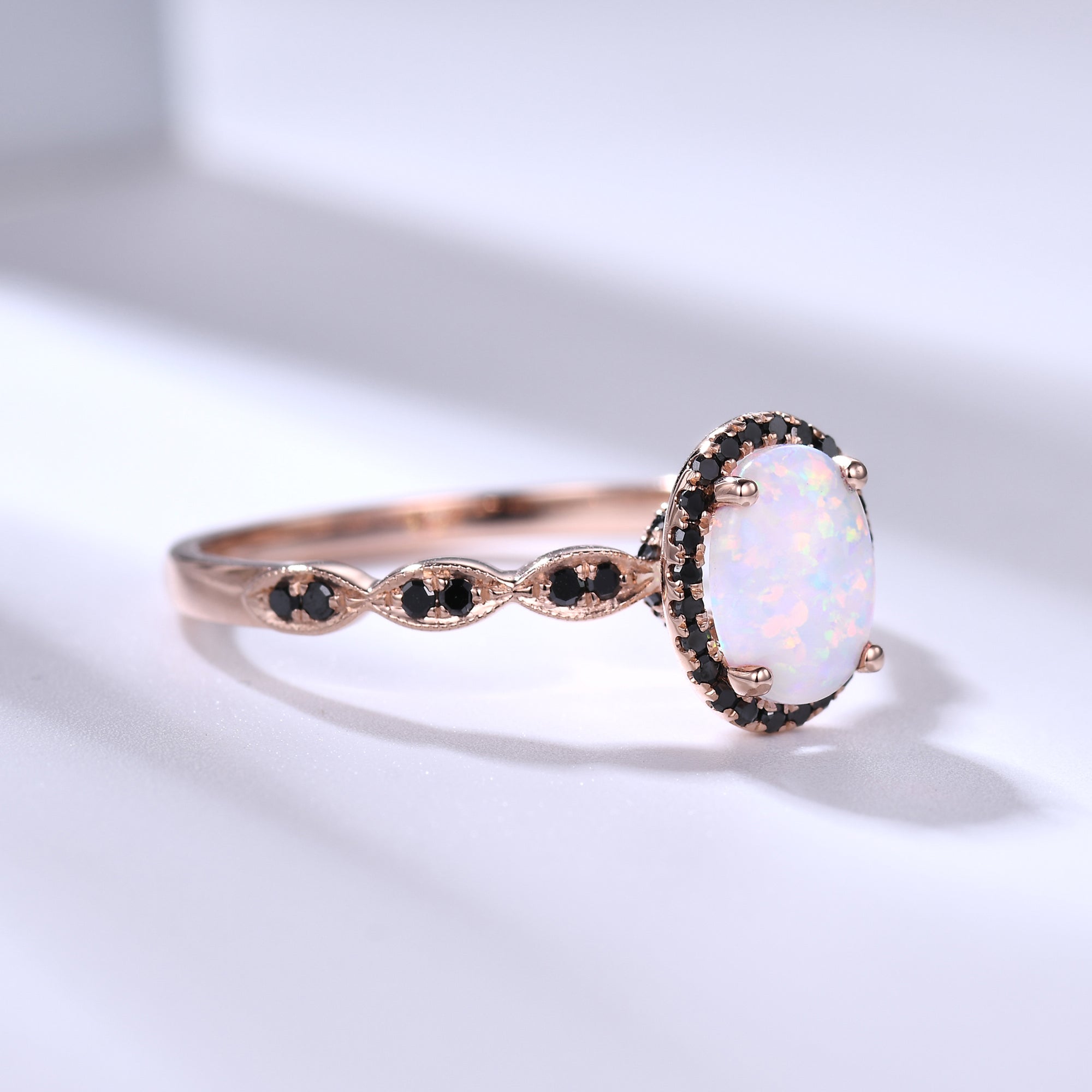Exquisite Art Deco Opal & Black Diamond Engagement Ring in Rose Gold with Milgrain Detailing - Perfect for Vintage-Inspired Wedding Proposals & Anniversary Gifts