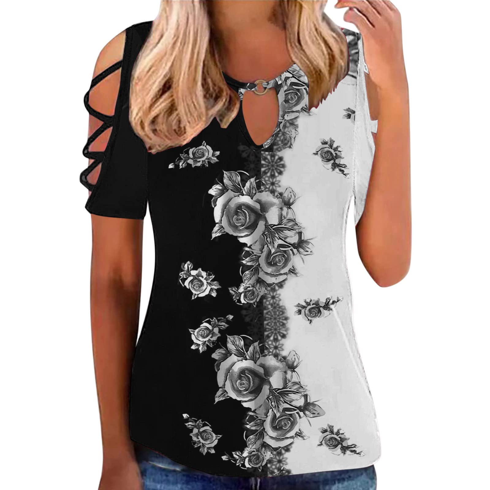 Women's Hollow Out Short Sleeve T-Shirt - Crewneck Cold Shoulder Top | Casual Sexy Summer Shirt | Loose Comfortable Tee for Beach, Party & Daily Wear