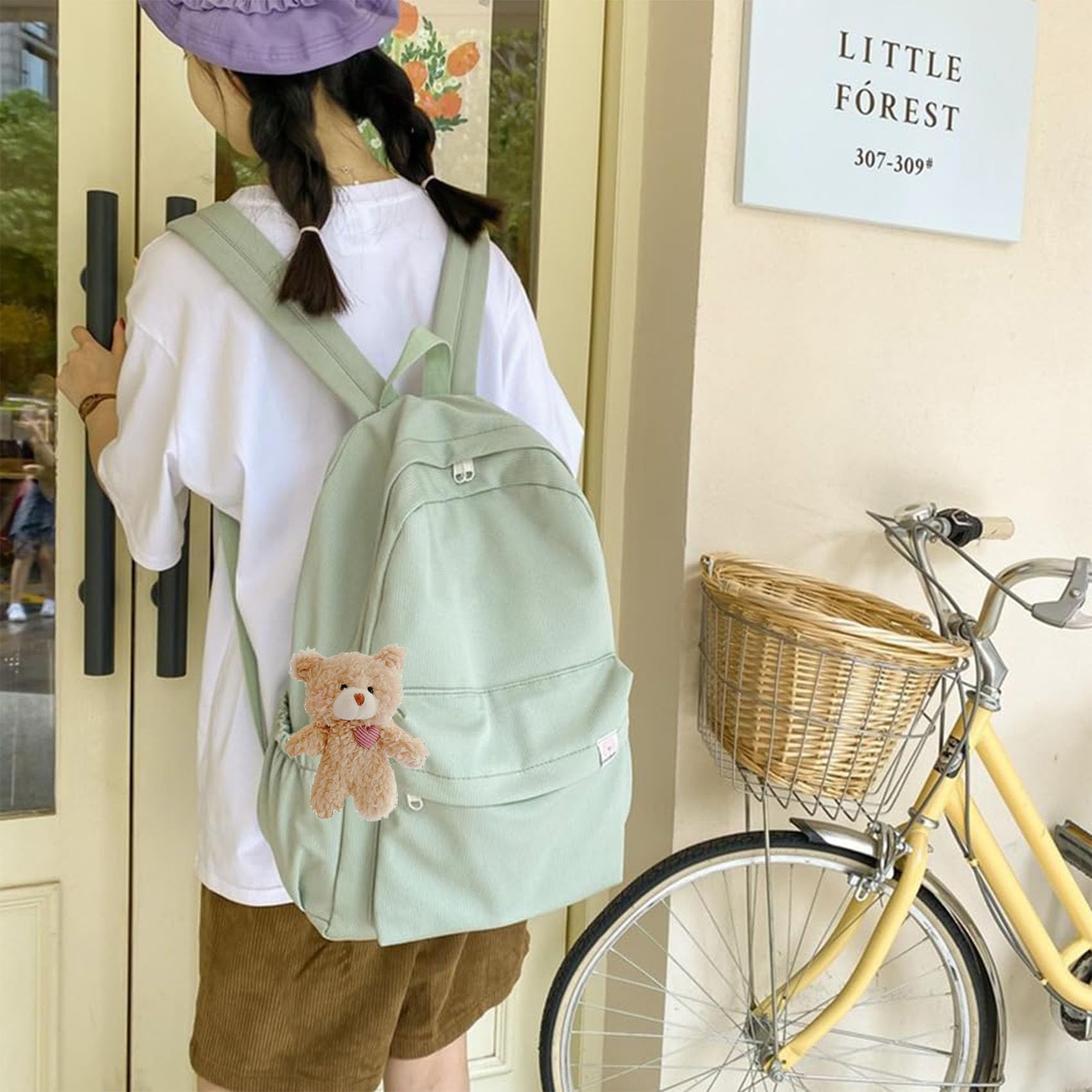 Cute Aesthetic Bear Backpack - Kawaii Simple Solid Color Laptop Bag with Bear Pendant for Women & Teens | School, College, Travel & Work Commute Accessories