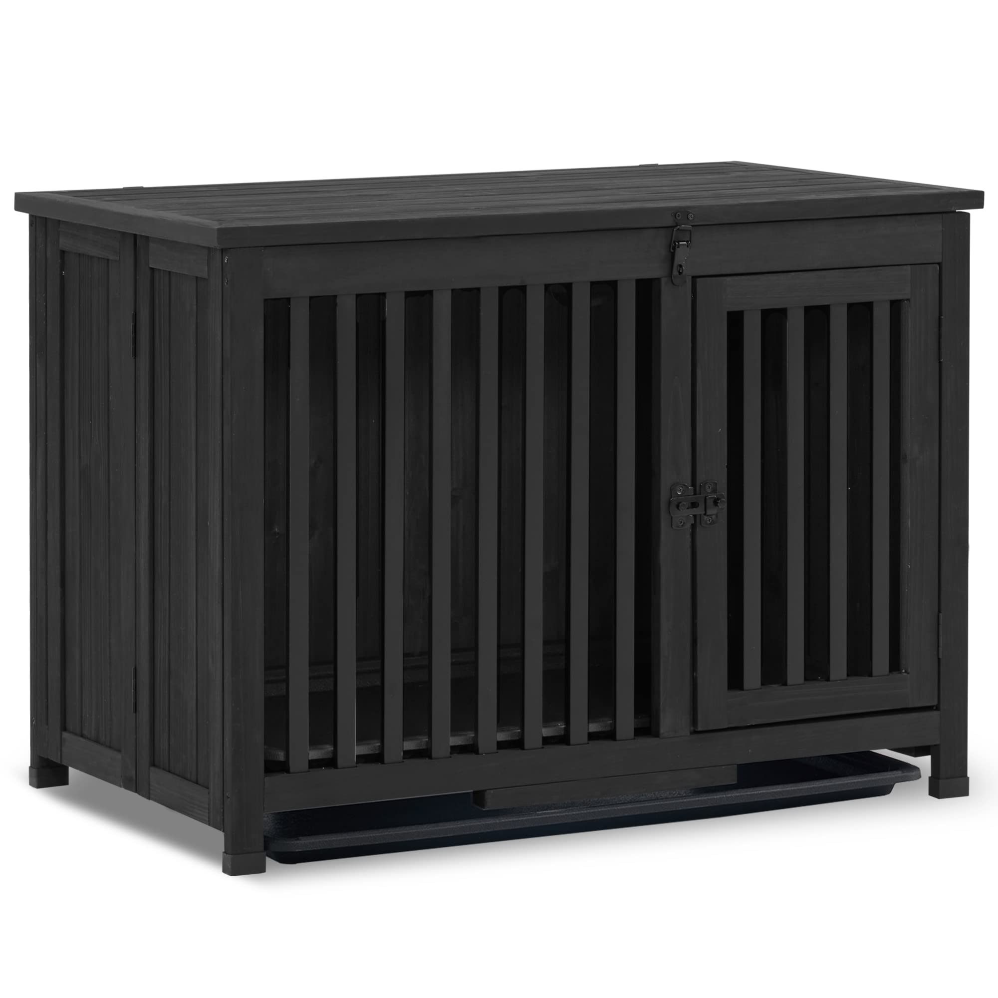 MCombo Solid Wood Dog Crate Furniture - Portable Foldable Indoor Dog Kennel End Table with Removable Tray | Medium Size, Black | Perfect for Living Room, Bedroom & Home Decor