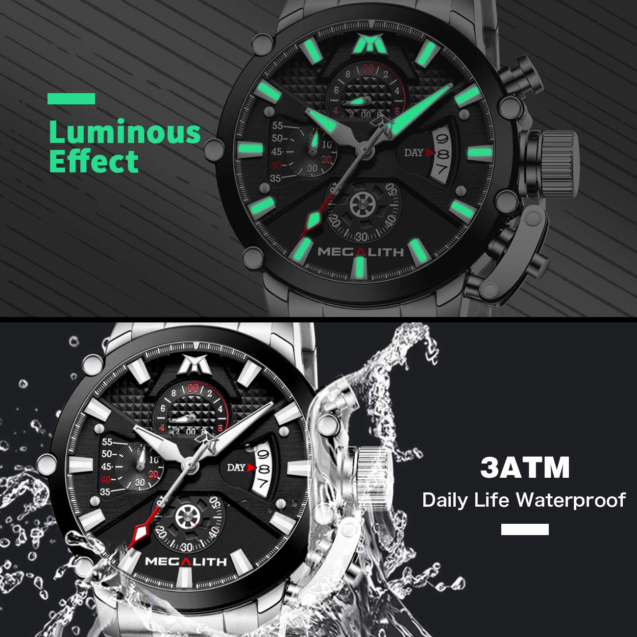 MEGALITH Men's Stainless Steel Chronograph Watch 45mm - Waterproof Analog Quartz Date Display, Luminous Heavy Duty Metal Wristwatch for Men - Perfect for Outdoor, Sports, Business & Casual Wear