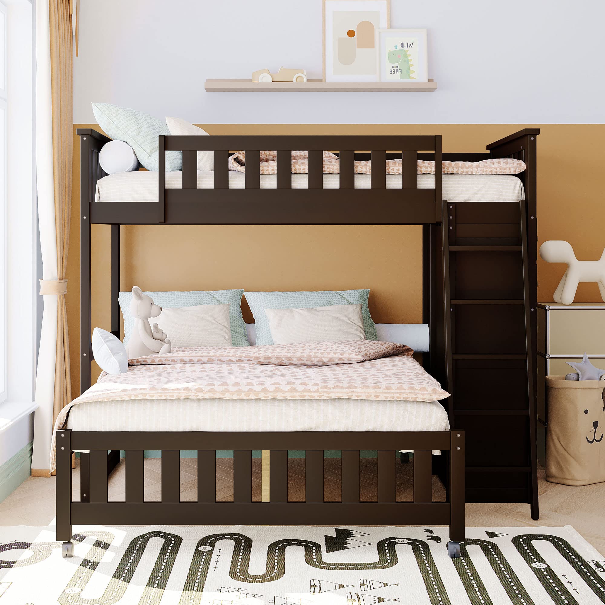 Wooden Bunk Bed for Kids Teens & Adults - Twin Over Full Size with 6 Drawers, Adjustable Shelves & Rolling Wheels - No Box Spring Required - Espresso Finish - Perfect for Small Bedrooms, Guest Rooms & Vacation Homes