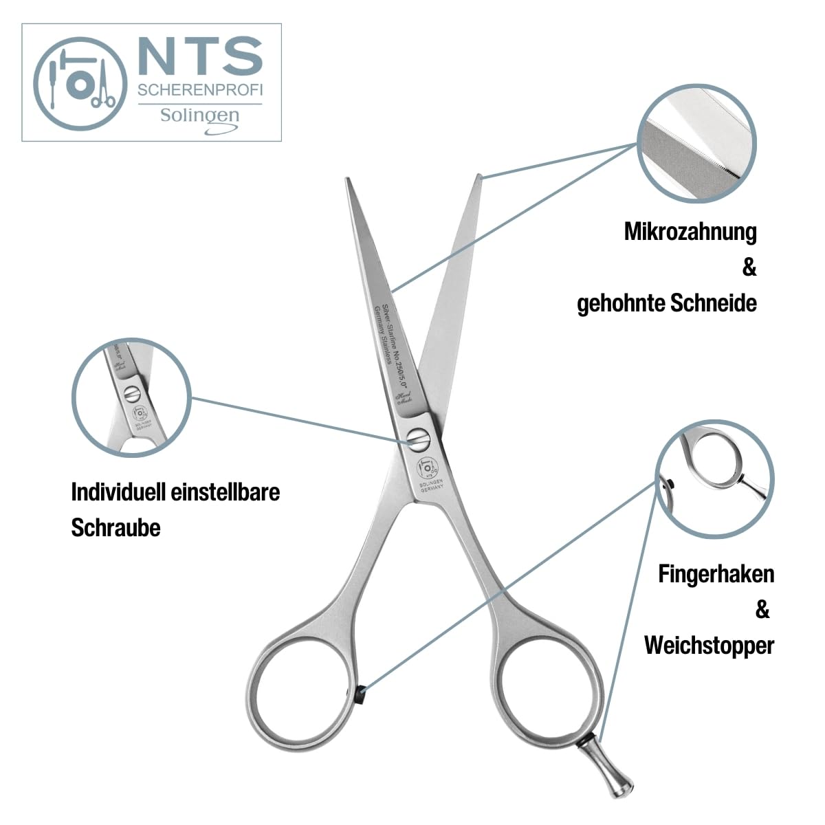Professional NTS-Solingen Silver Line 250 Hairdressing Scissors - 5.0 Inch (12.7 cm) Satin Finish Hair Cutting Shears - Made in Germany for Precision Styling & Salon Use