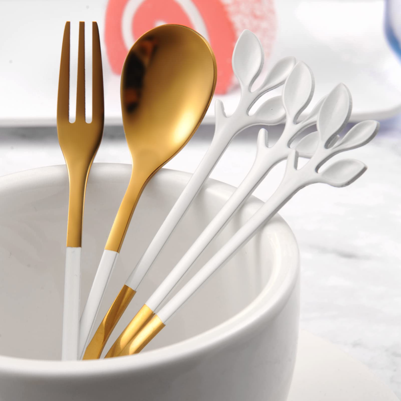 AnSaw 24K Gold-Plated Swan Base Cutlery Set - 5 Coffee Spoons & 5 Fruit Forks with 4.7