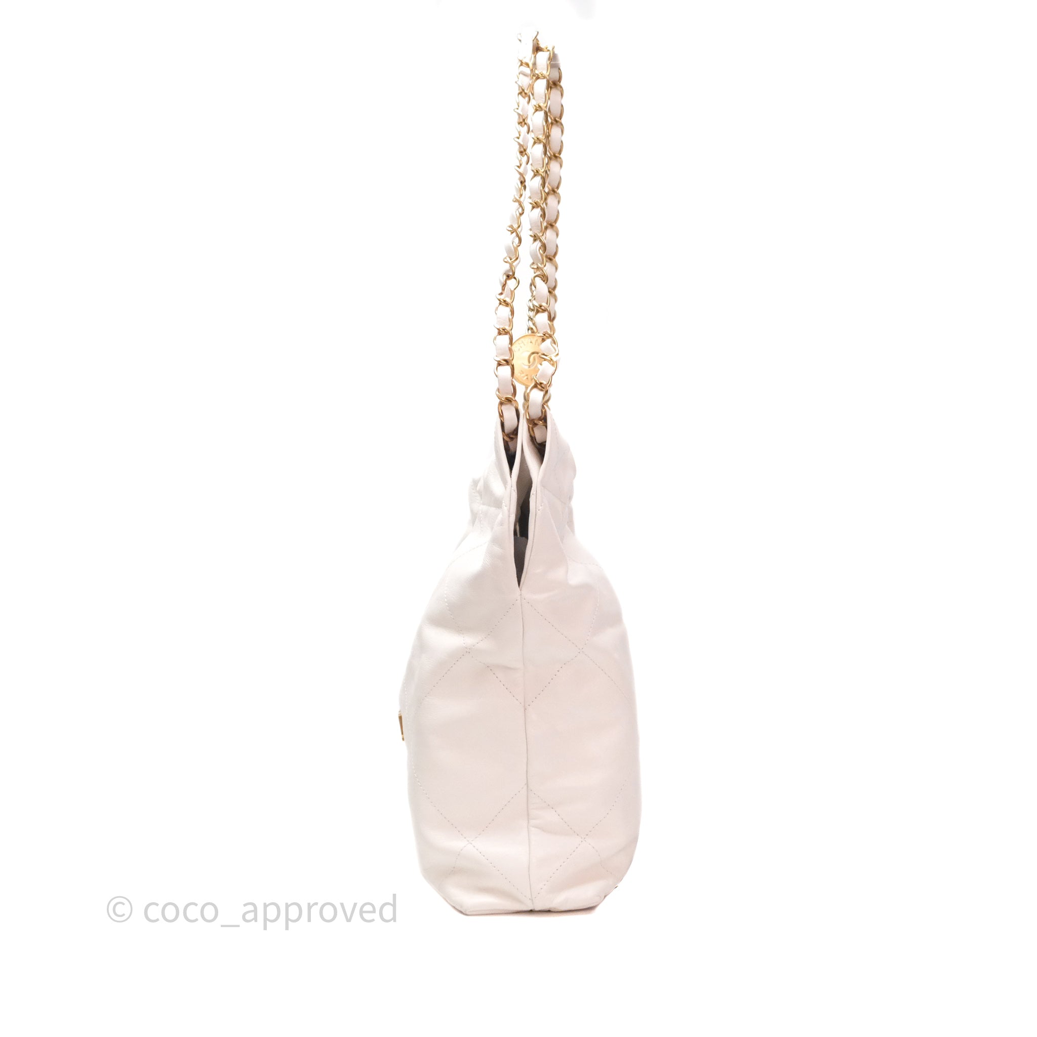 Chanel 22 Small White Shiny Calfskin Bag with Aged Gold Hardware - Luxury Crossbody Purse for Women, Perfect for Date Night & Special Occasions