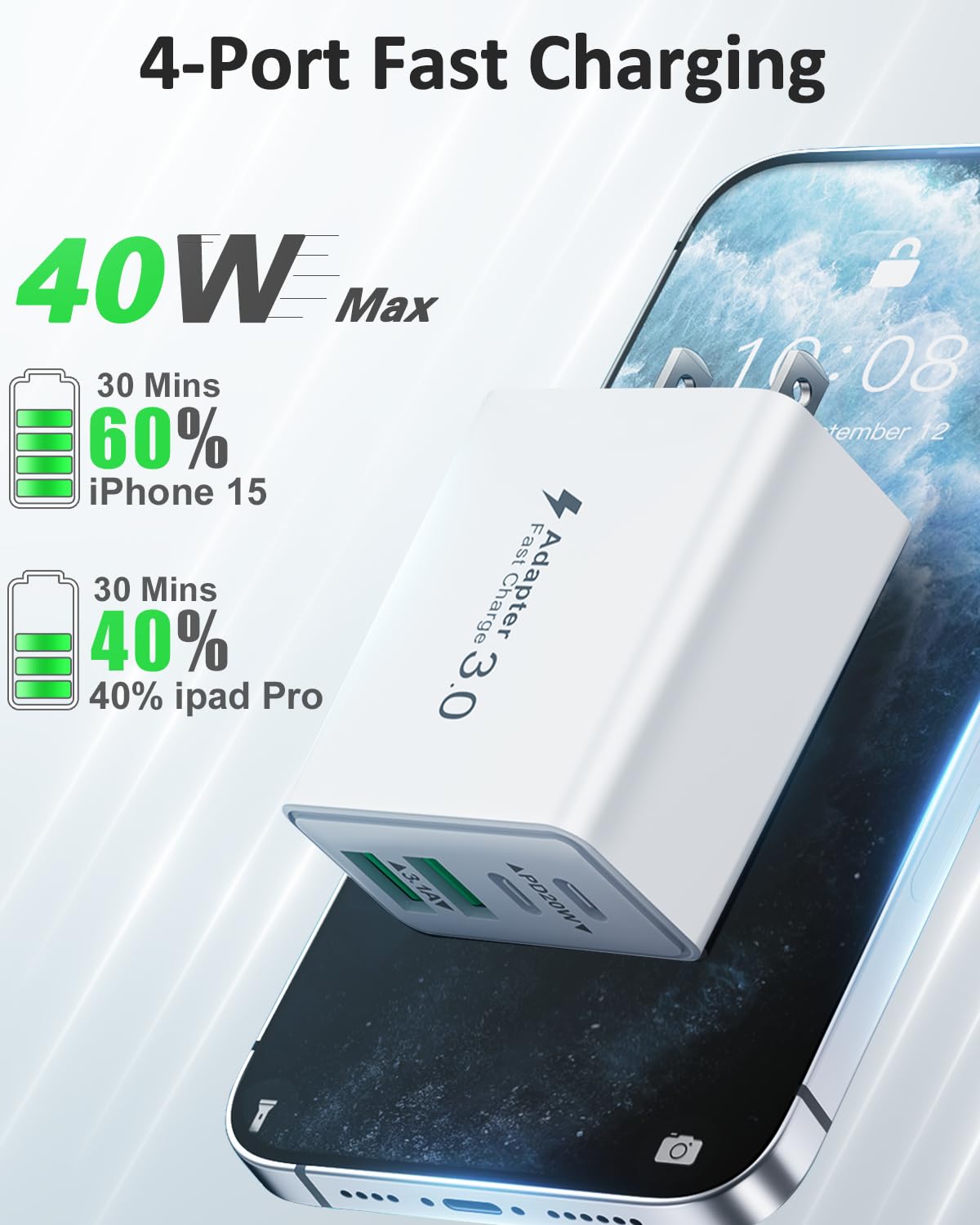 40W 4-Port USB C Fast Charger Block (2 Pack) - Dual PD & QC 3.0 Wall Charger for iPhone 16/15/14/13/12/11 Pro Max, Samsung Galaxy - Compact Travel Charging Cube for Home, Office & Car Use